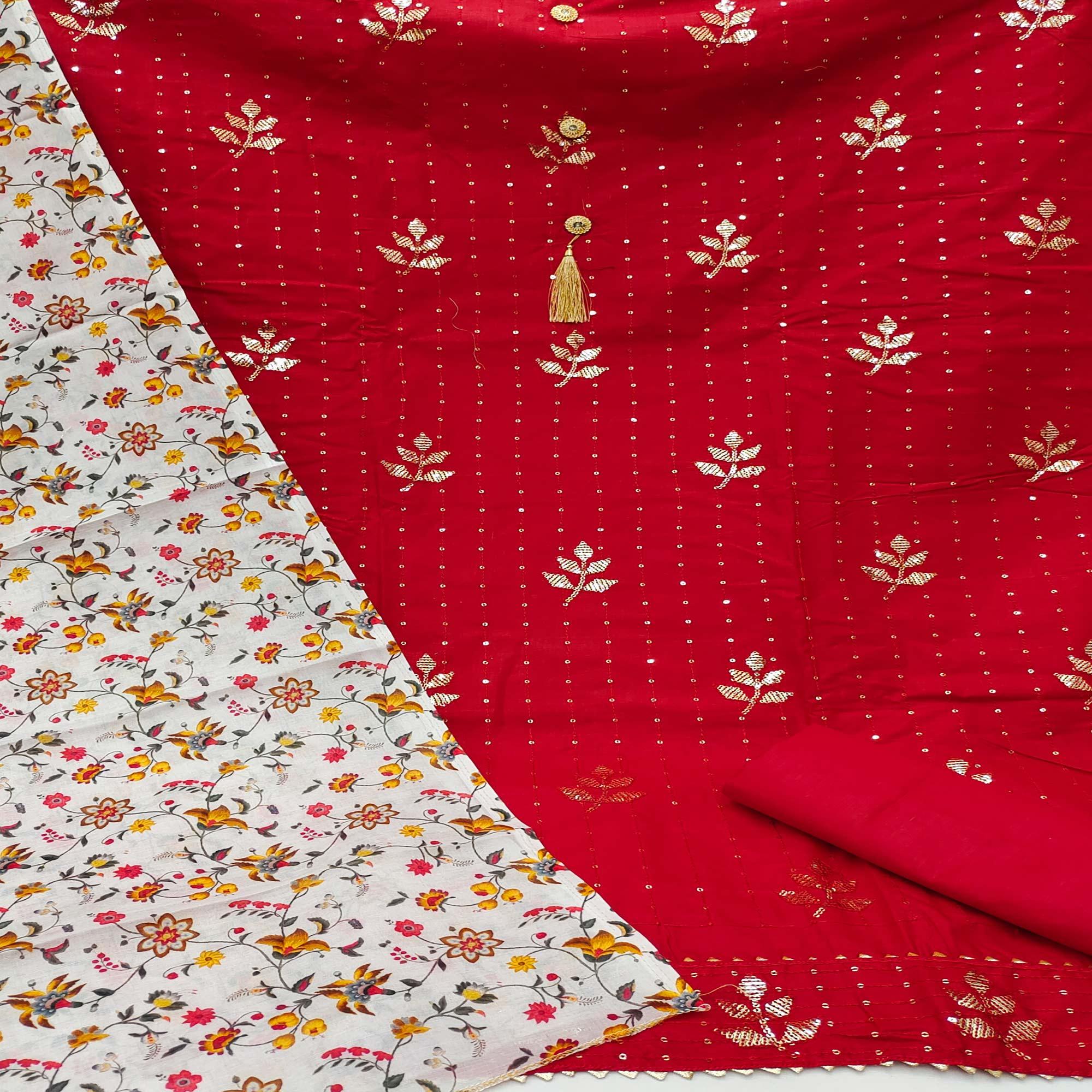 Red Festive Wear Sequence Work Cotton Dress Material - Peachmode