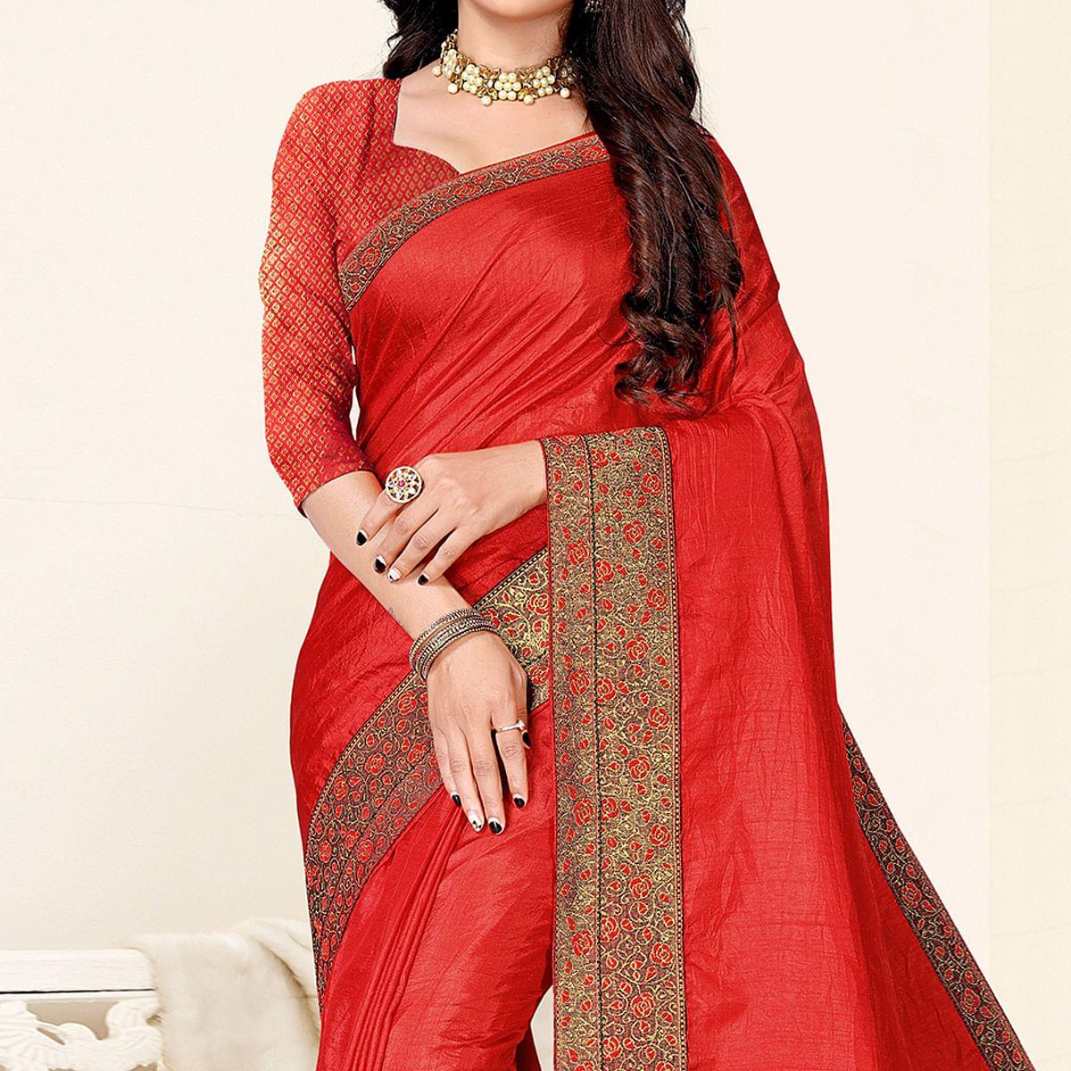 Red Festive Wear Solid Art Silk Saree - Peachmode