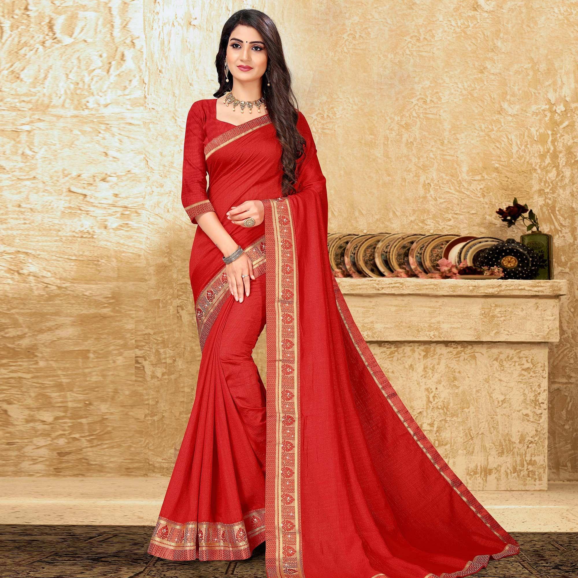 Red Festive Wear Solid Vichitra Silk Saree - Peachmode