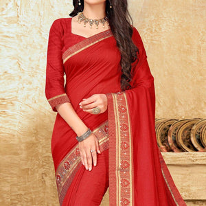 Red Festive Wear Solid Vichitra Silk Saree - Peachmode