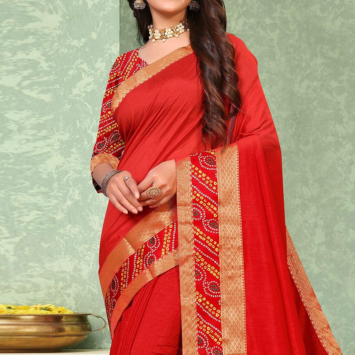 Red Festive Wear Solid Vichitra Silk Saree - Peachmode