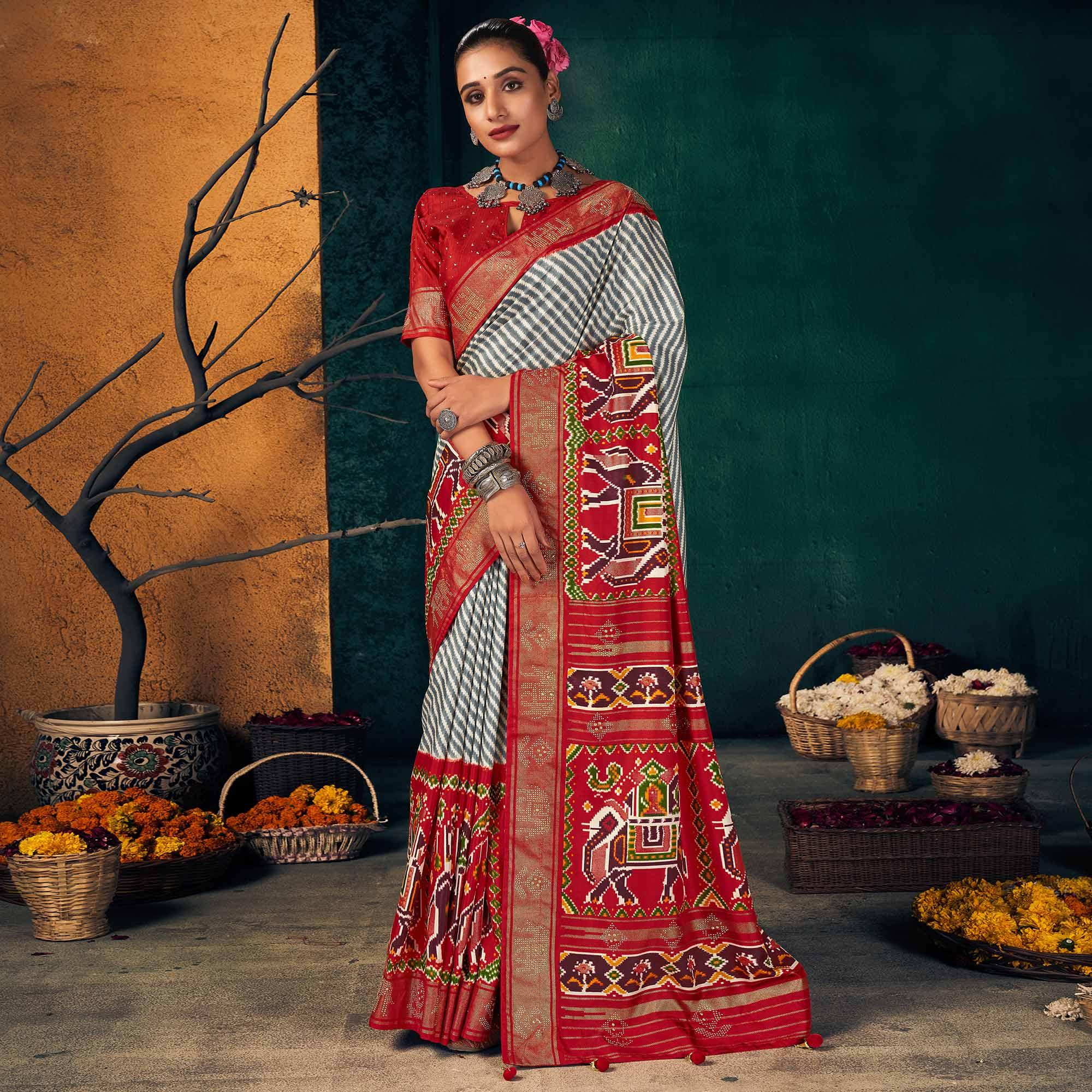 Red Festive Wear Striped Printed With Foil Border Dola Silk Saree - Peachmode