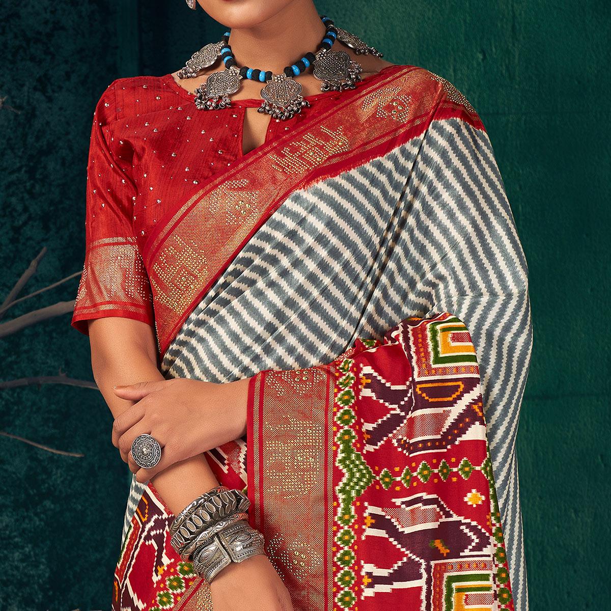 Red Festive Wear Striped Printed With Foil Border Dola Silk Saree - Peachmode
