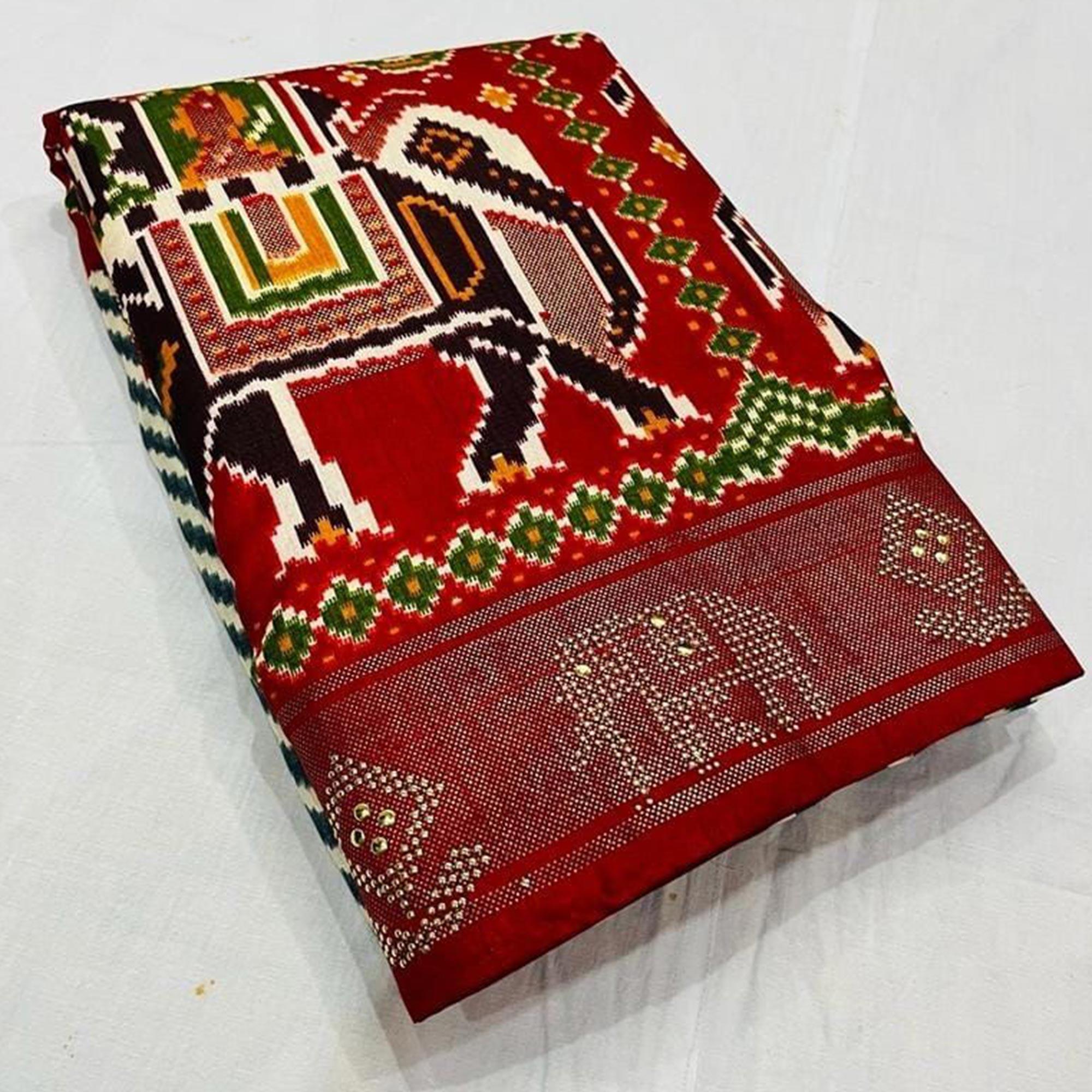 Red Festive Wear Striped Printed With Foil Border Dola Silk Saree - Peachmode
