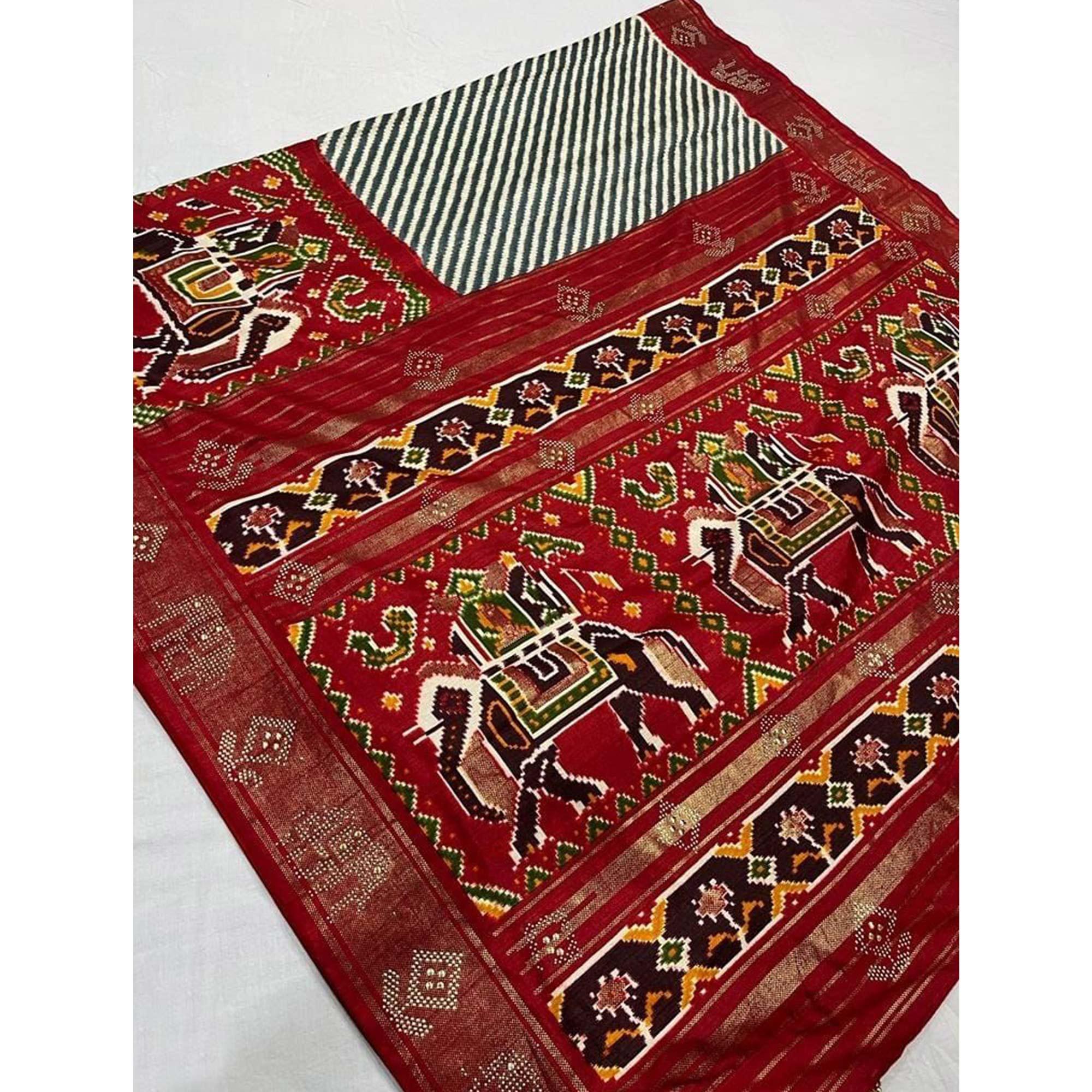 Red Festive Wear Striped Printed With Foil Border Dola Silk Saree - Peachmode