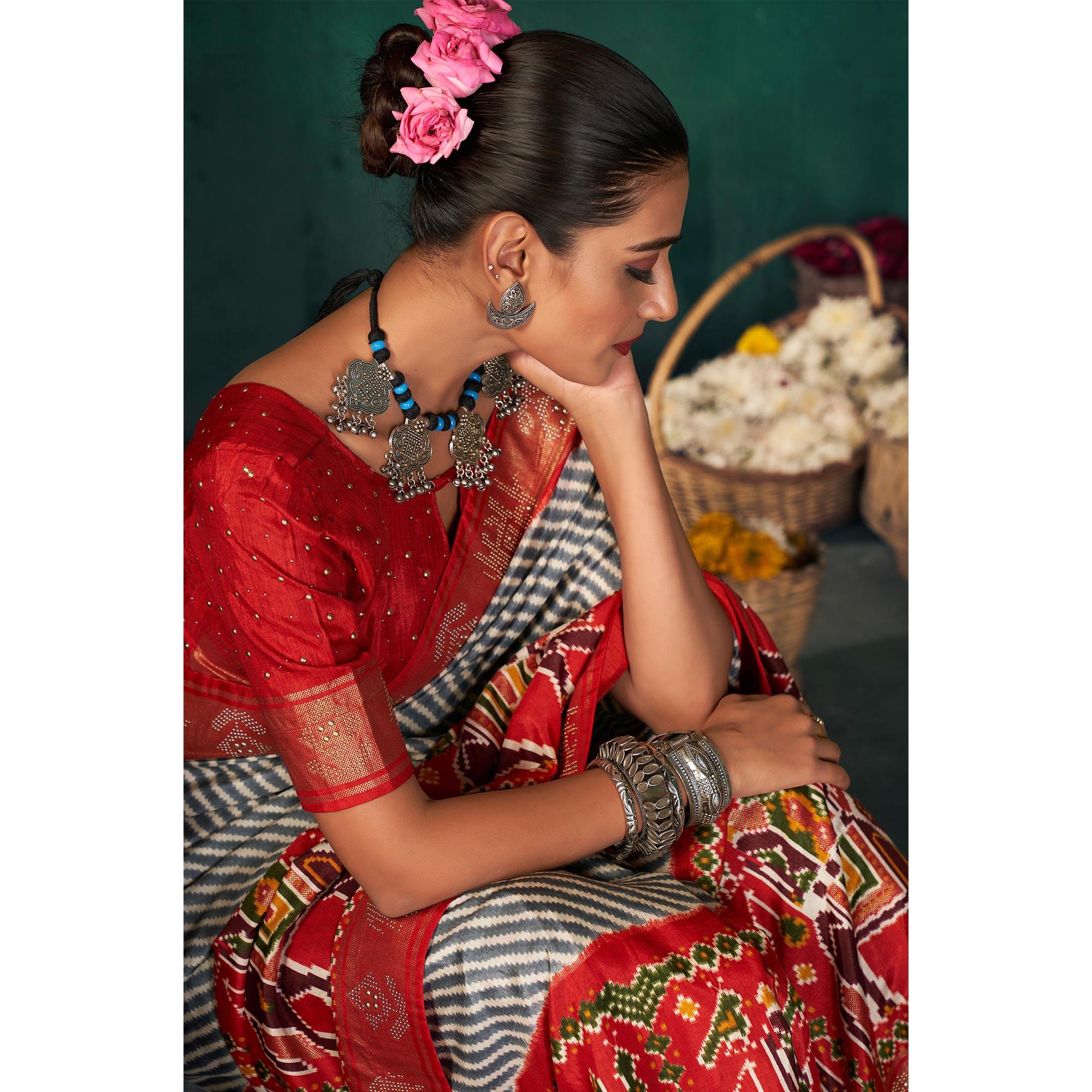 Red Festive Wear Striped Printed With Foil Border Dola Silk Saree - Peachmode