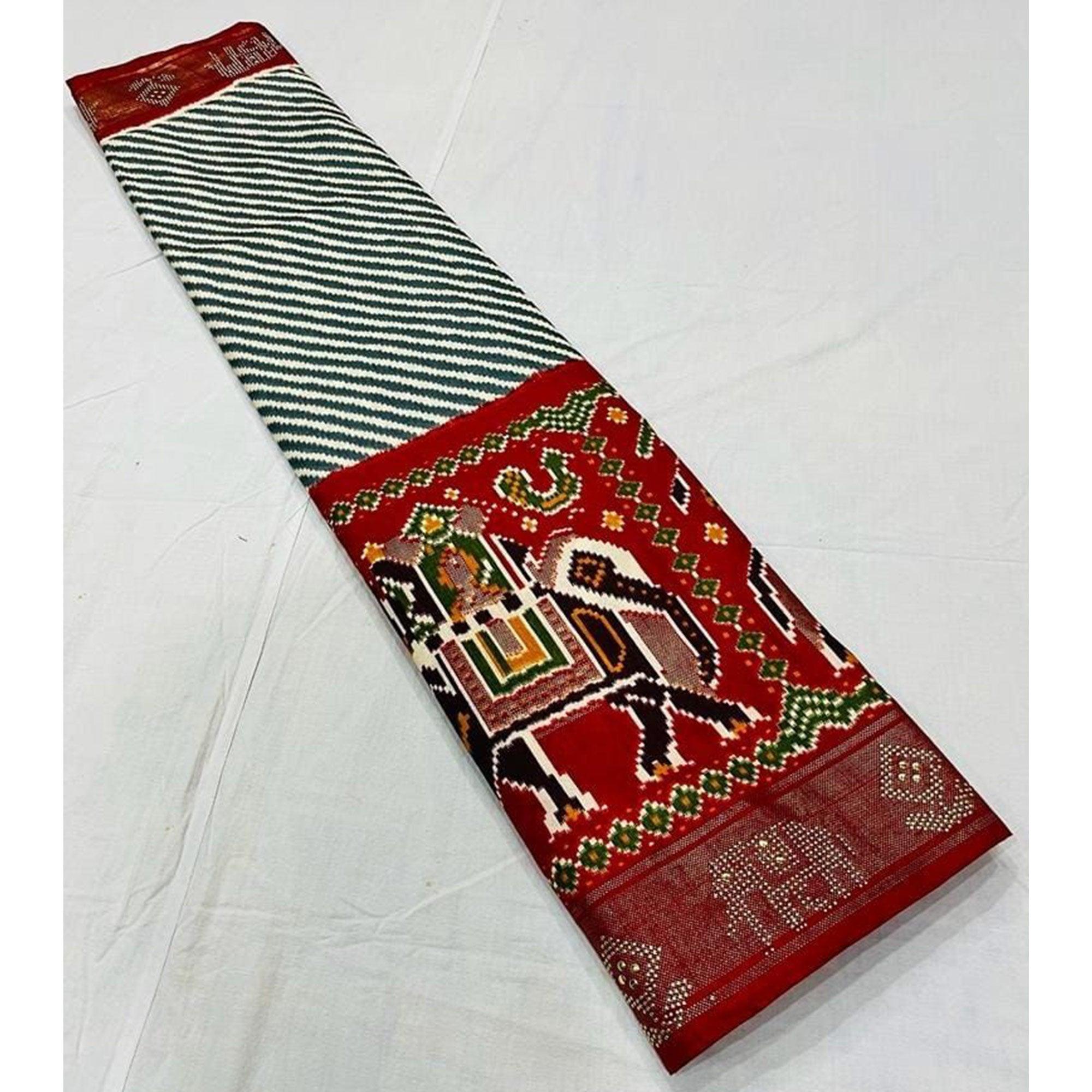 Red Festive Wear Striped Printed With Foil Border Dola Silk Saree - Peachmode