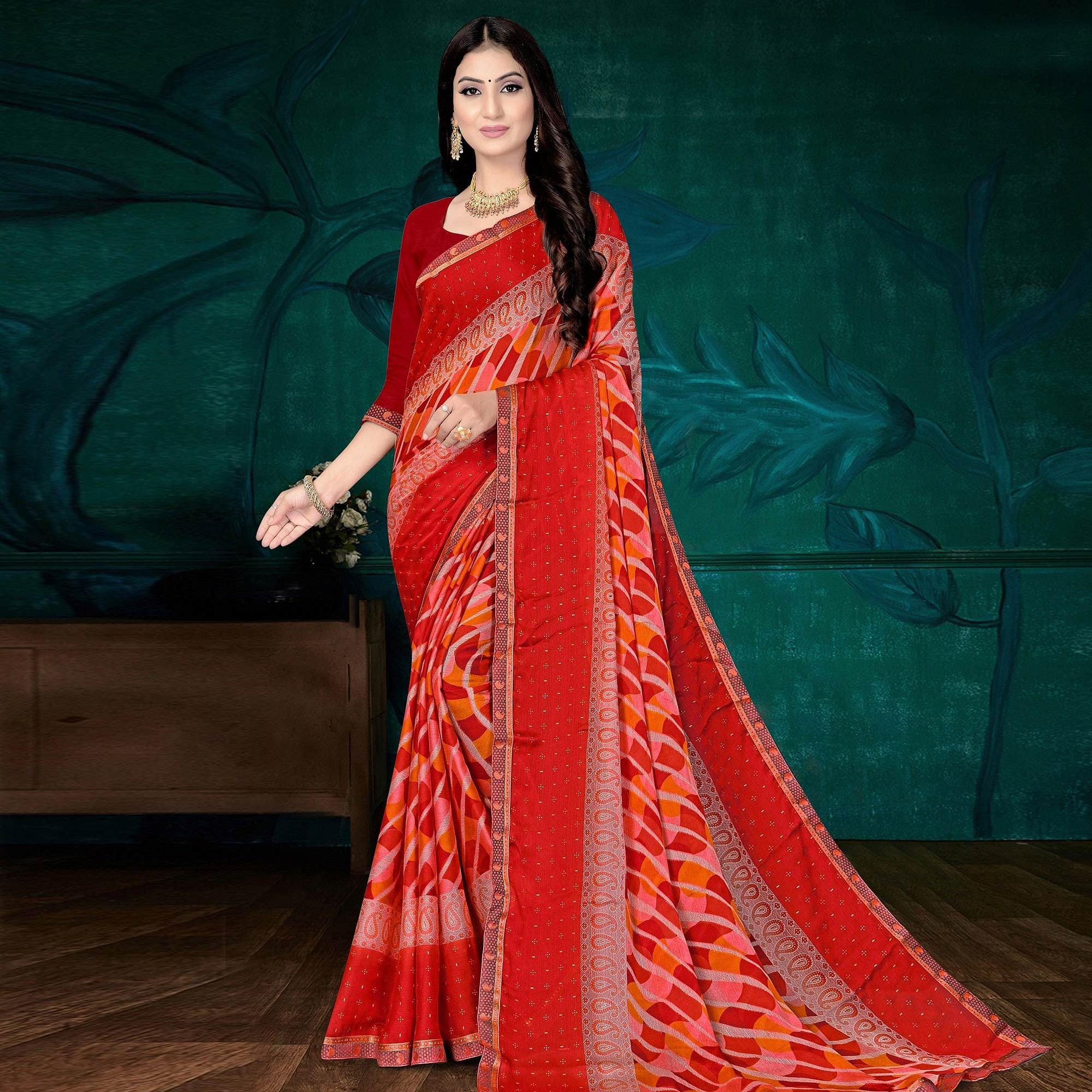 Red Festive Wear Stripes Printed Work Chiffon Designer Saree - Peachmode