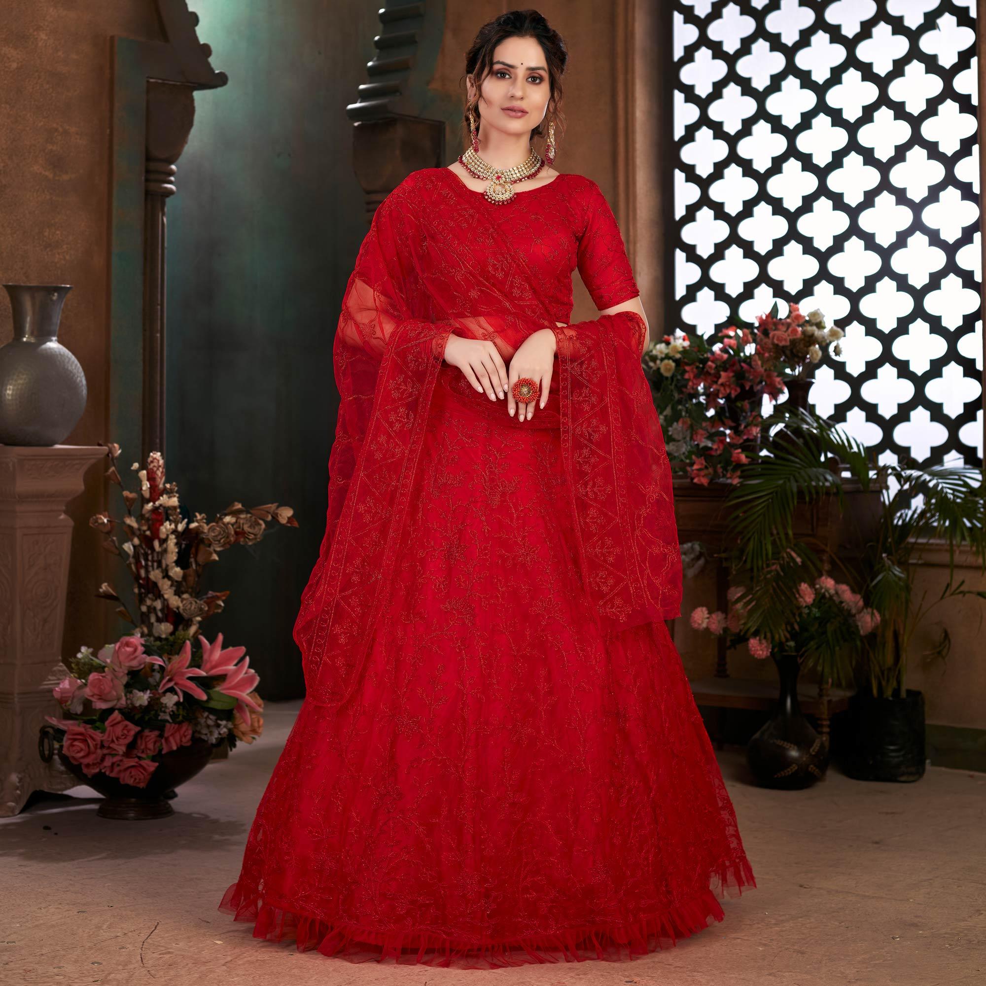 Red Festive Wear Thread Embroidered Net Lehenga Choli - Peachmode