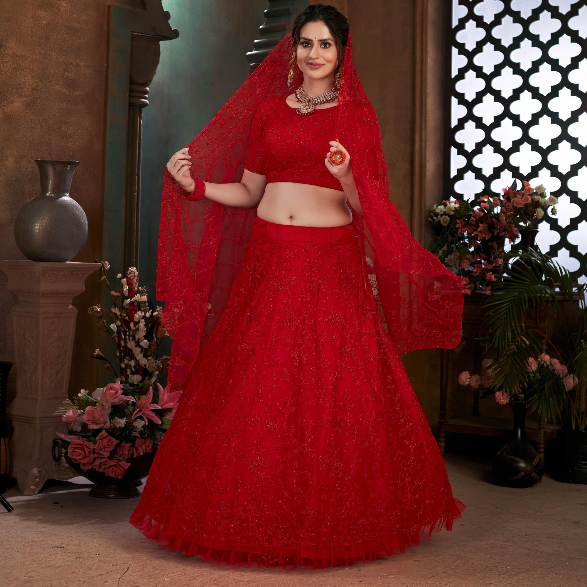 Red Festive Wear Thread Embroidered Net Lehenga Choli - Peachmode