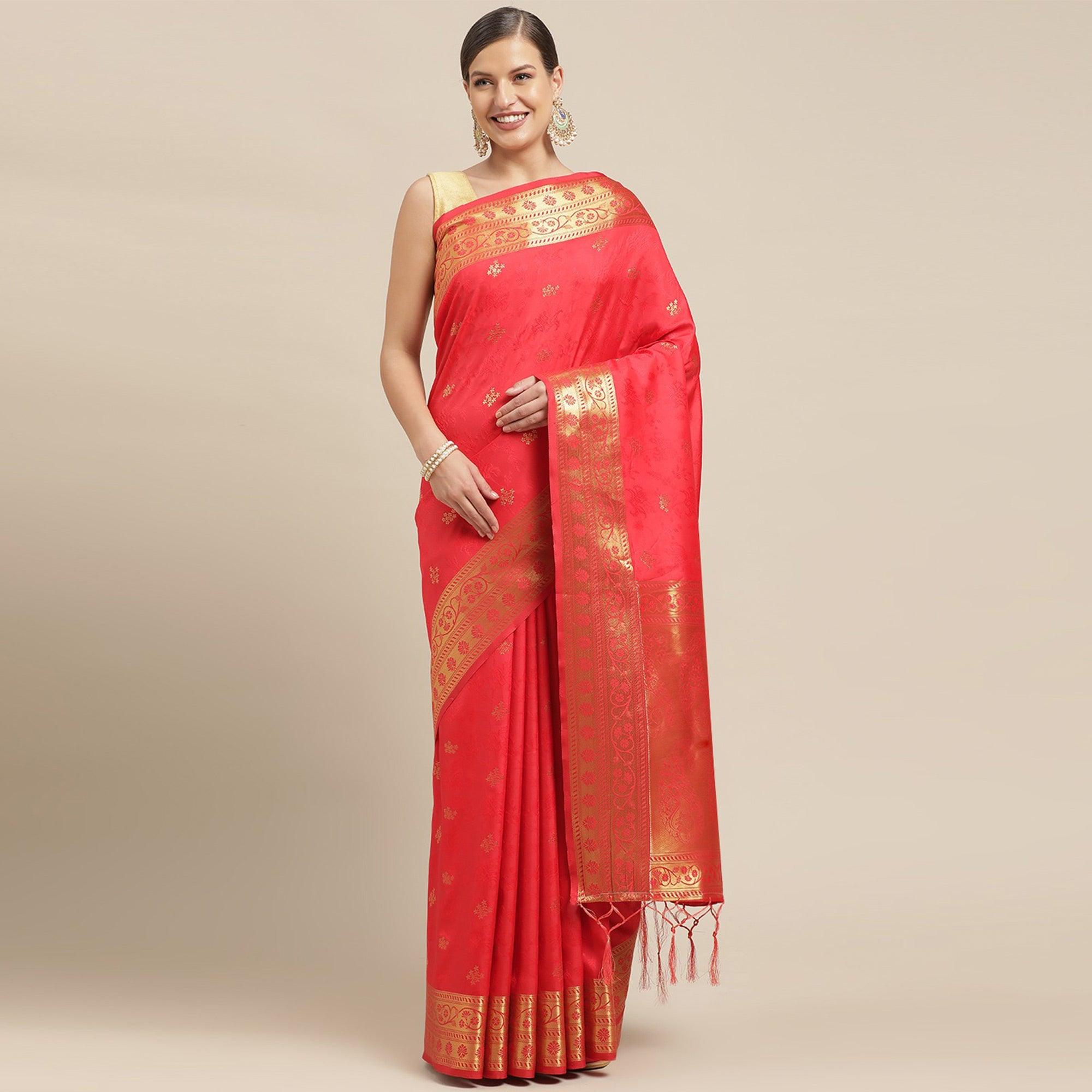 Red Festive Wear Weaving Banarasi Silk Saree - Peachmode