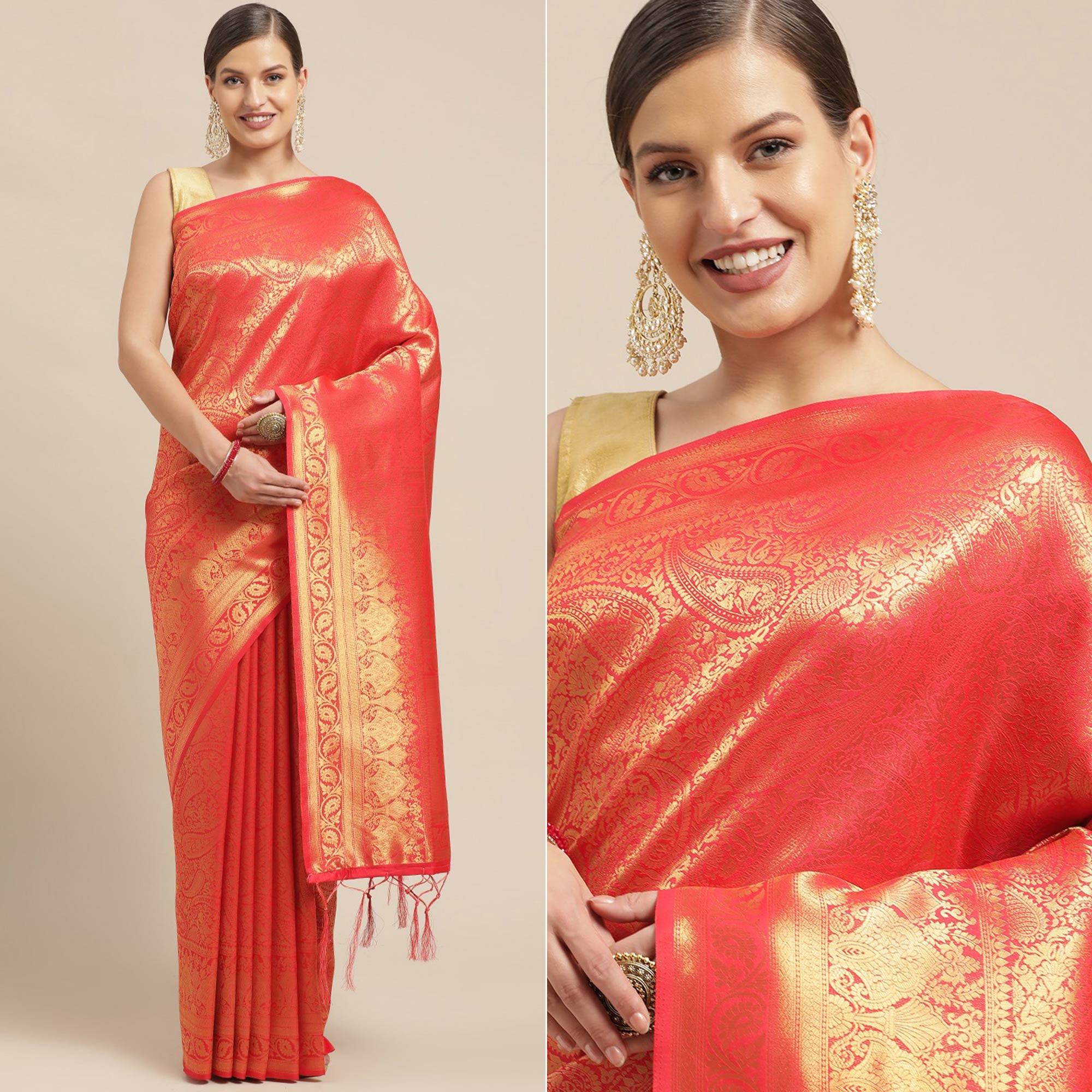 Red Festive Wear Weaving Kanjivaram Silk Saree - Peachmode