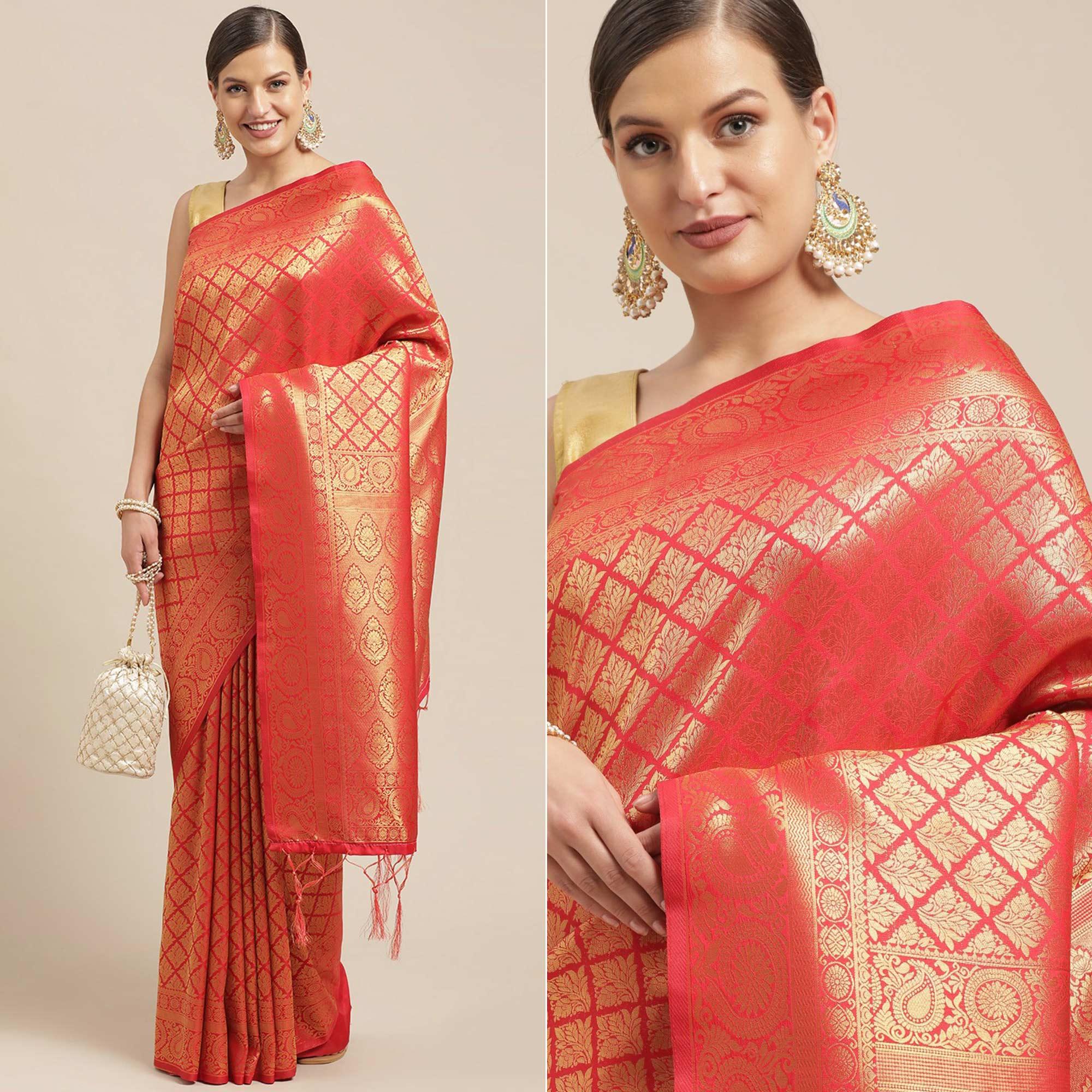 Red Festive Wear Weaving Kanjivaram Silk Saree - Peachmode