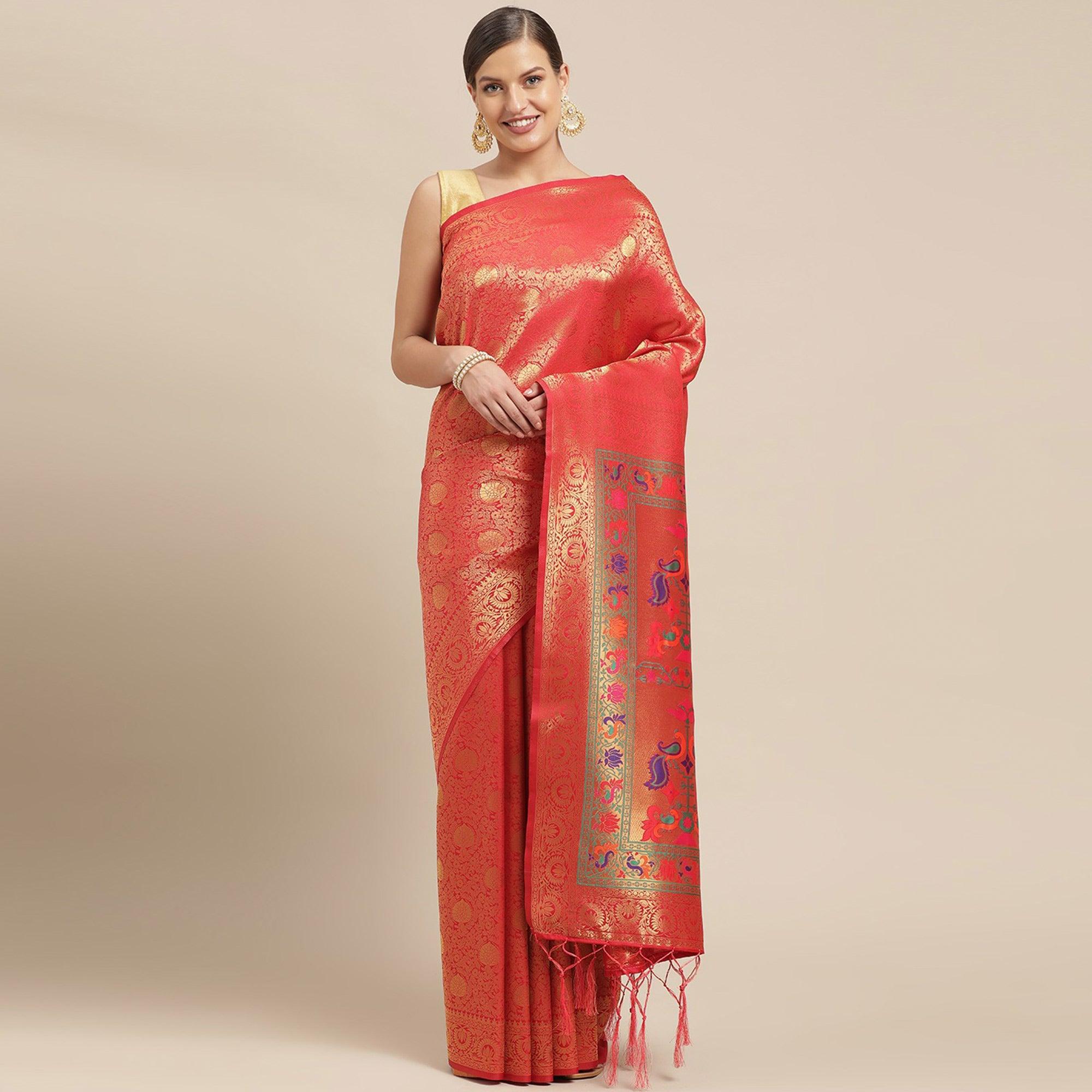 Red Festive Wear Weaving Kanjivaram Silk Saree - Peachmode