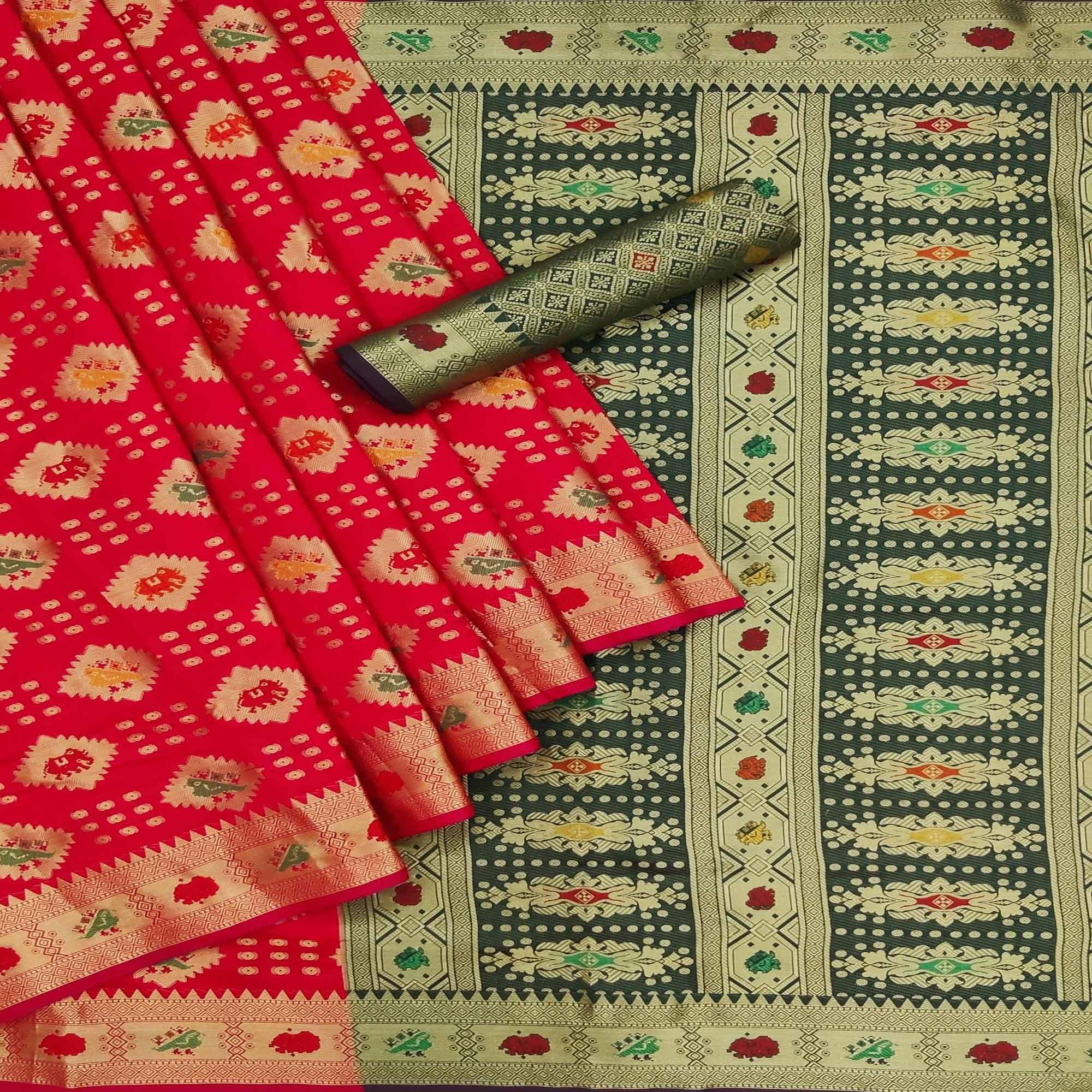 Red Festive Wear Weaving Silk Saree - Peachmode