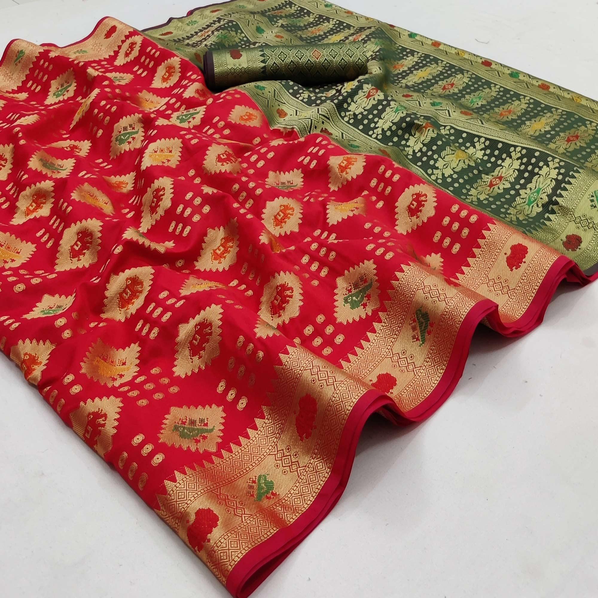 Red Festive Wear Weaving Silk Saree - Peachmode