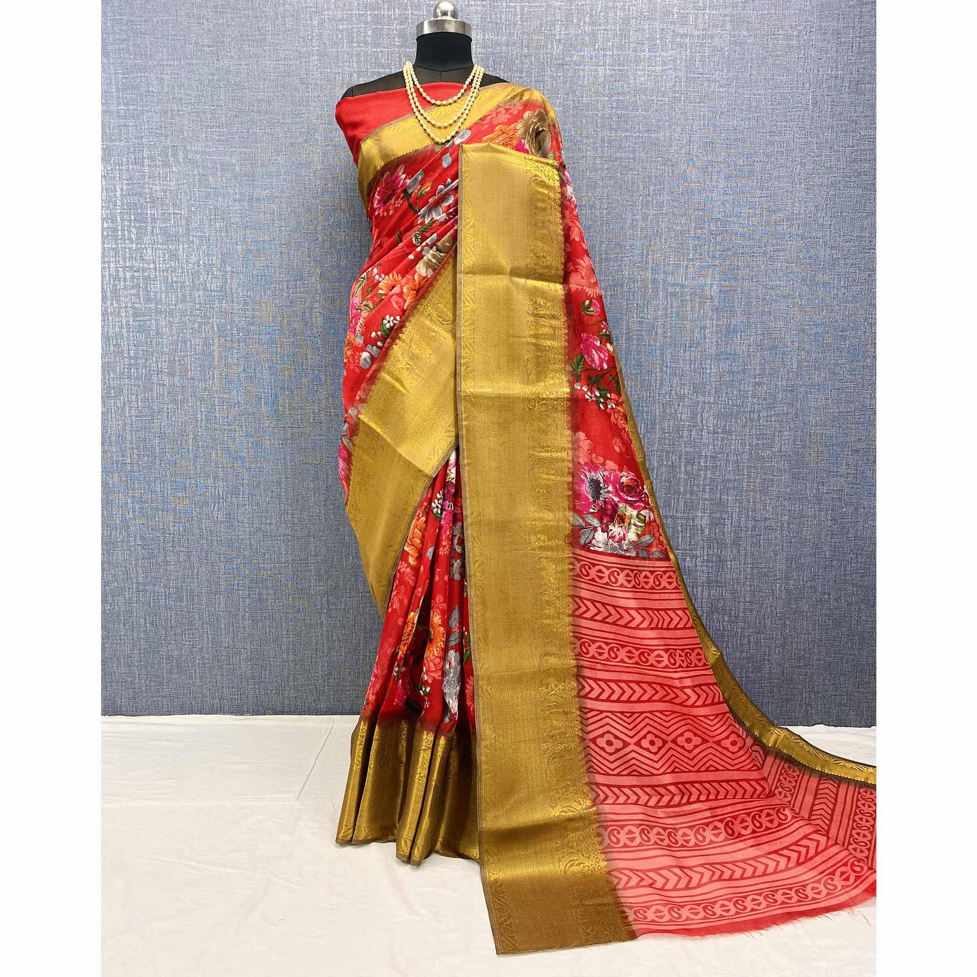 Red Festive Wear Woven & Printed Chanderi Silk Saree - Peachmode