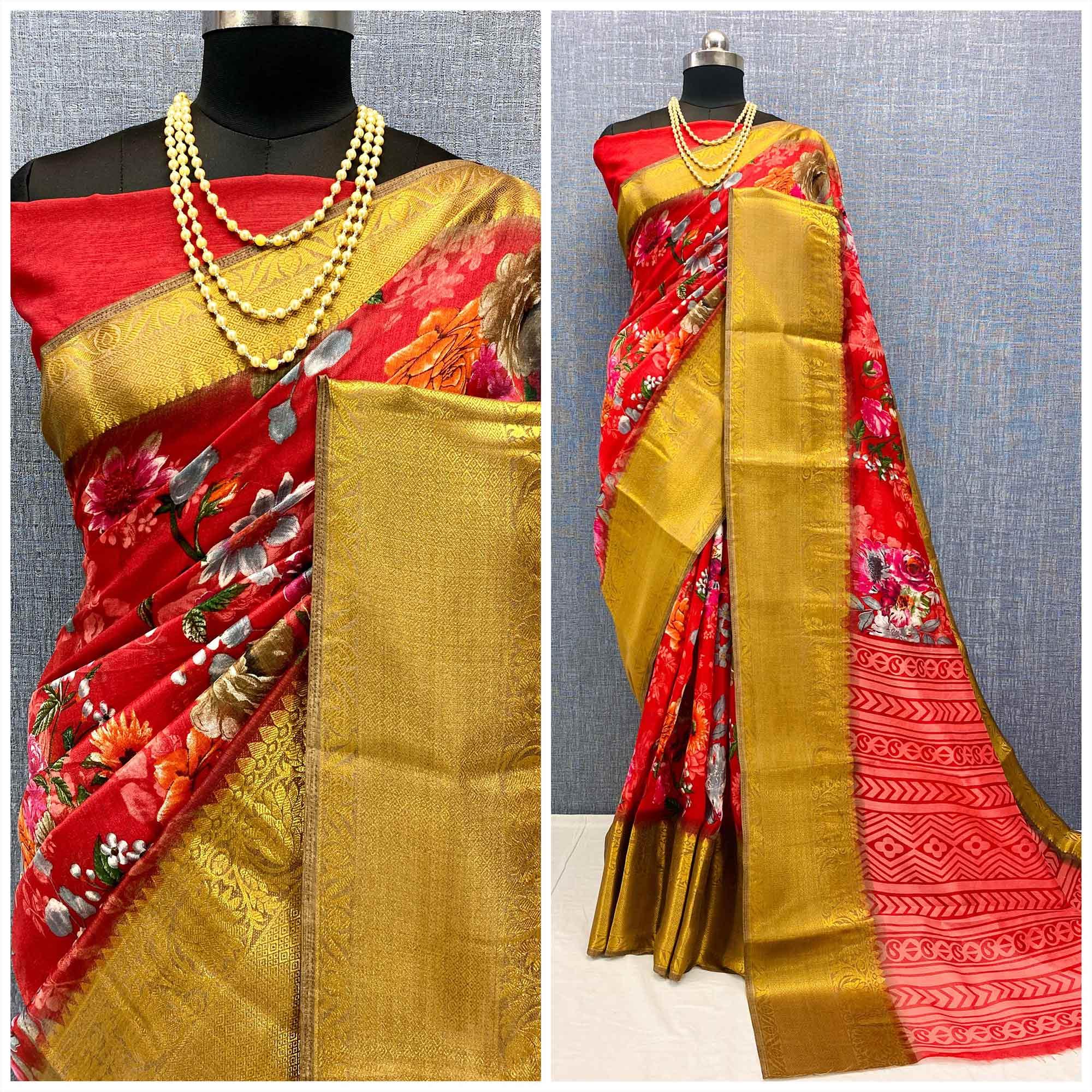 Red Festive Wear Woven & Printed Chanderi Silk Saree - Peachmode