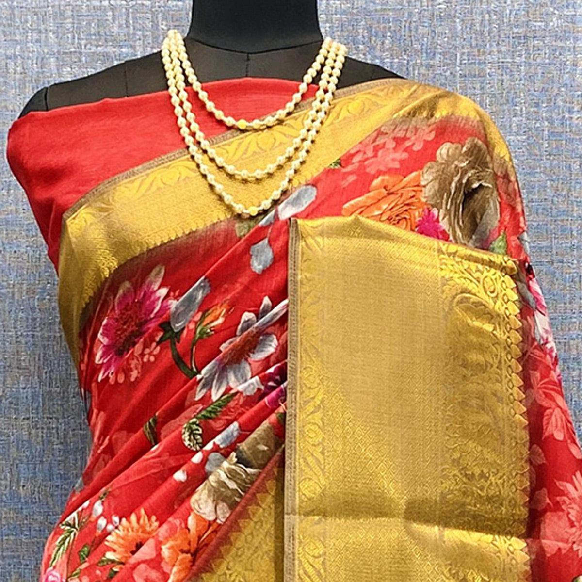 Red Festive Wear Woven & Printed Chanderi Silk Saree - Peachmode
