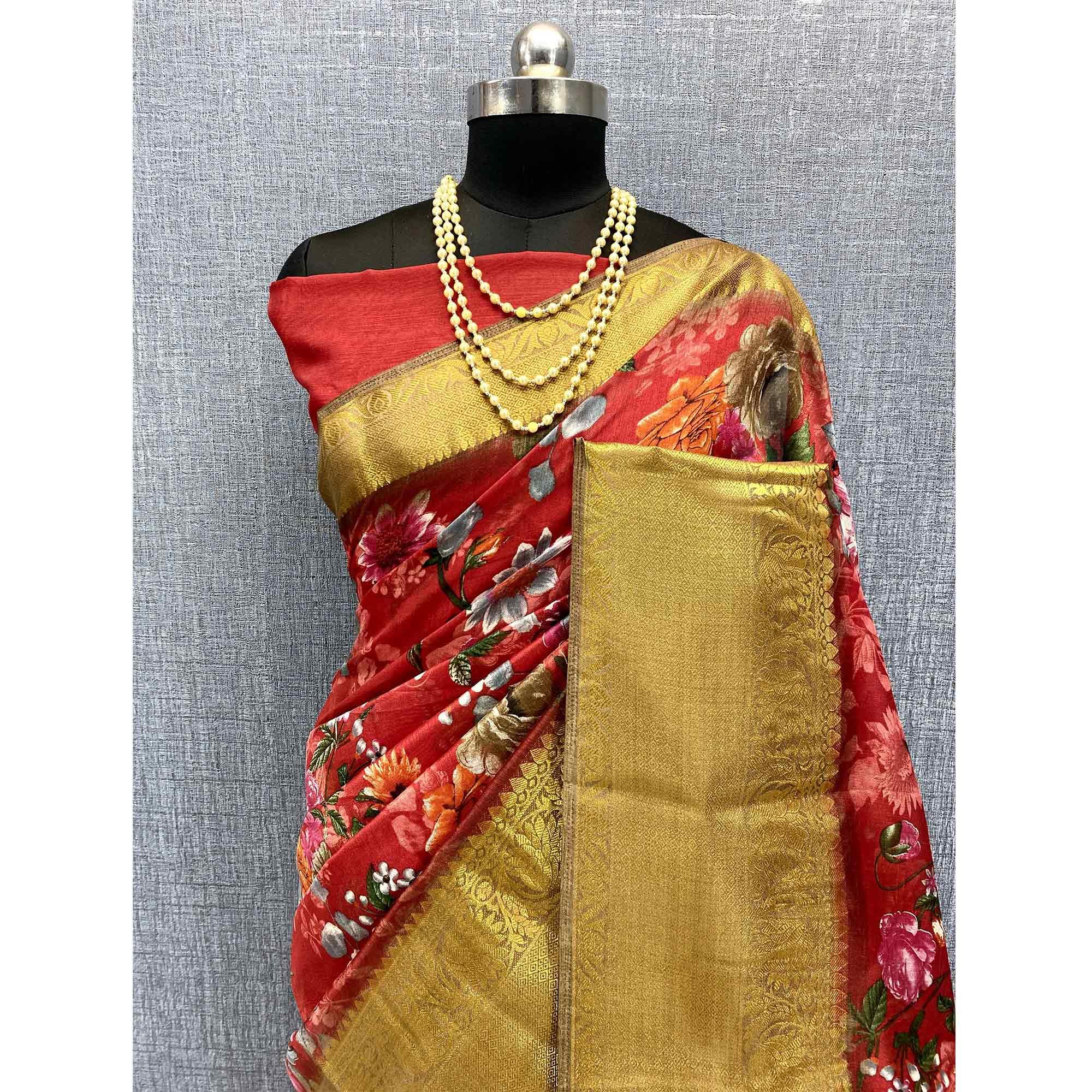 Red Festive Wear Woven & Printed Chanderi Silk Saree - Peachmode
