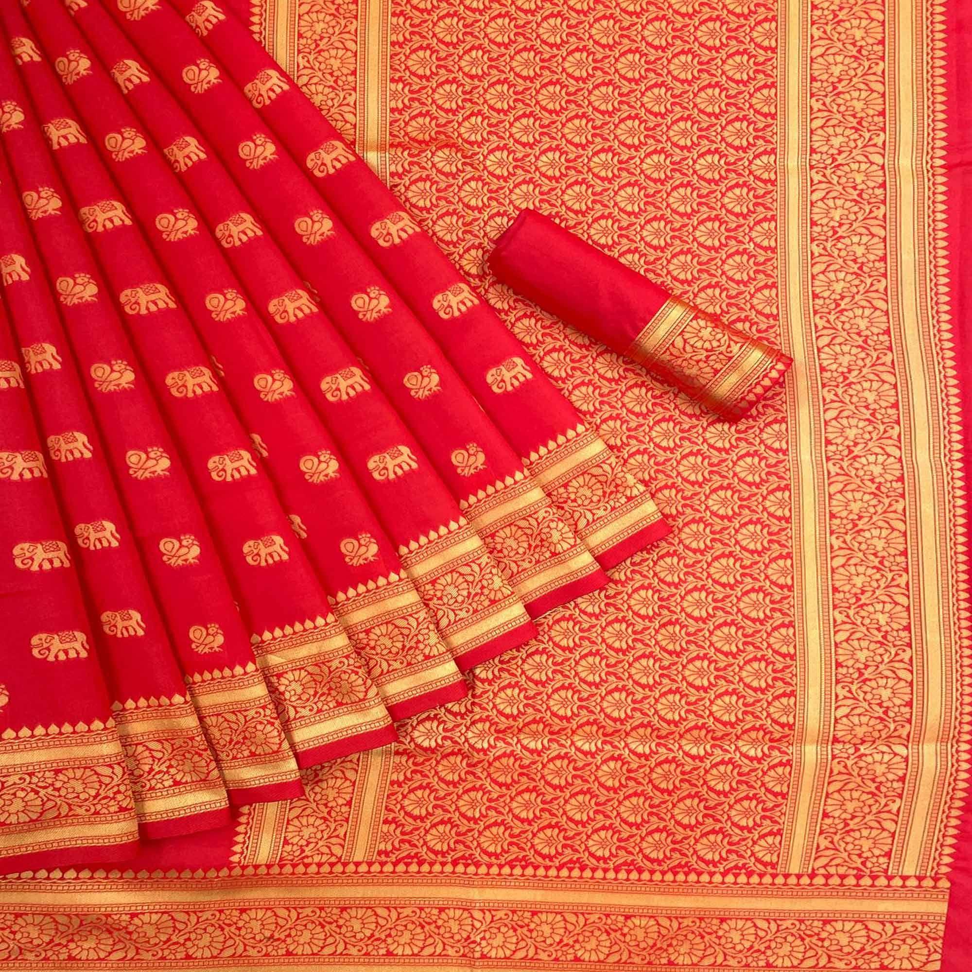 Red Festive Wear Woven Art Silk Saree - Peachmode