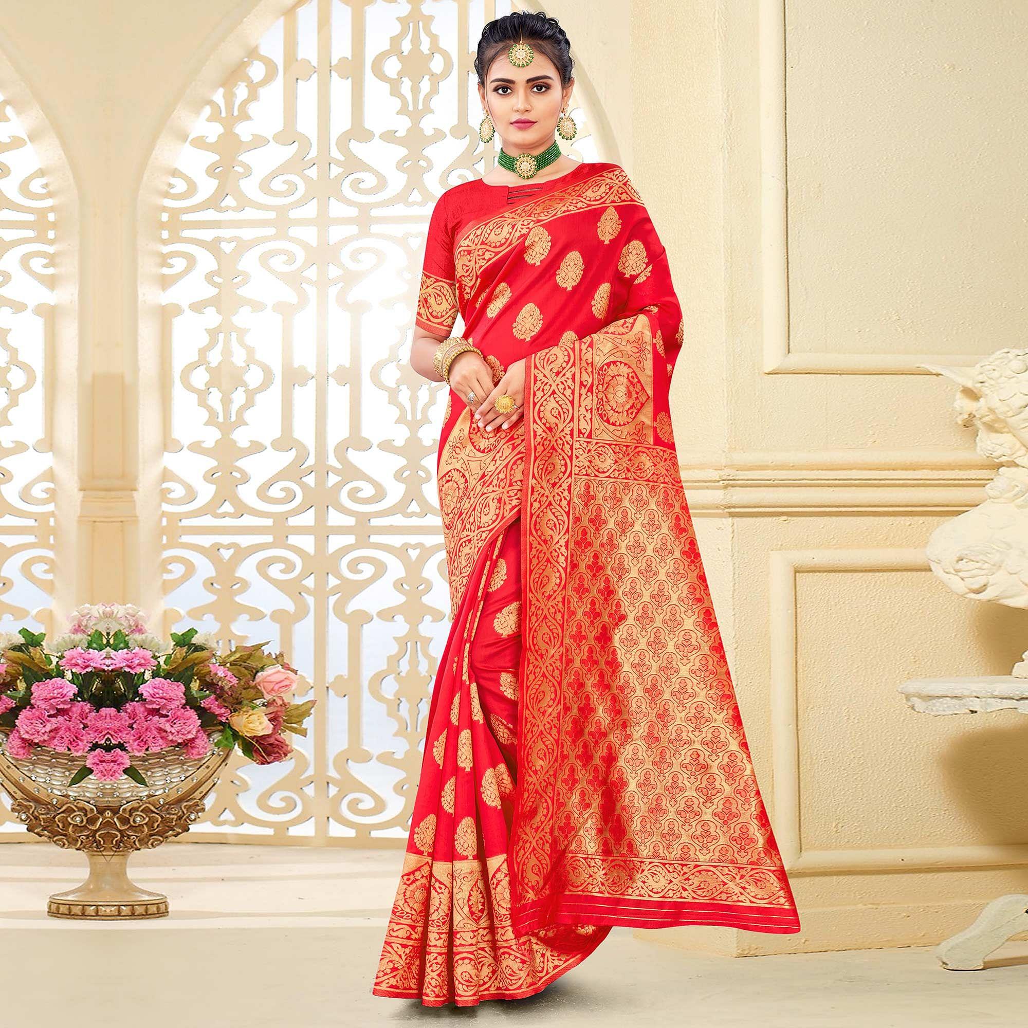 Red Festive Wear Woven Art Silk Saree - Peachmode