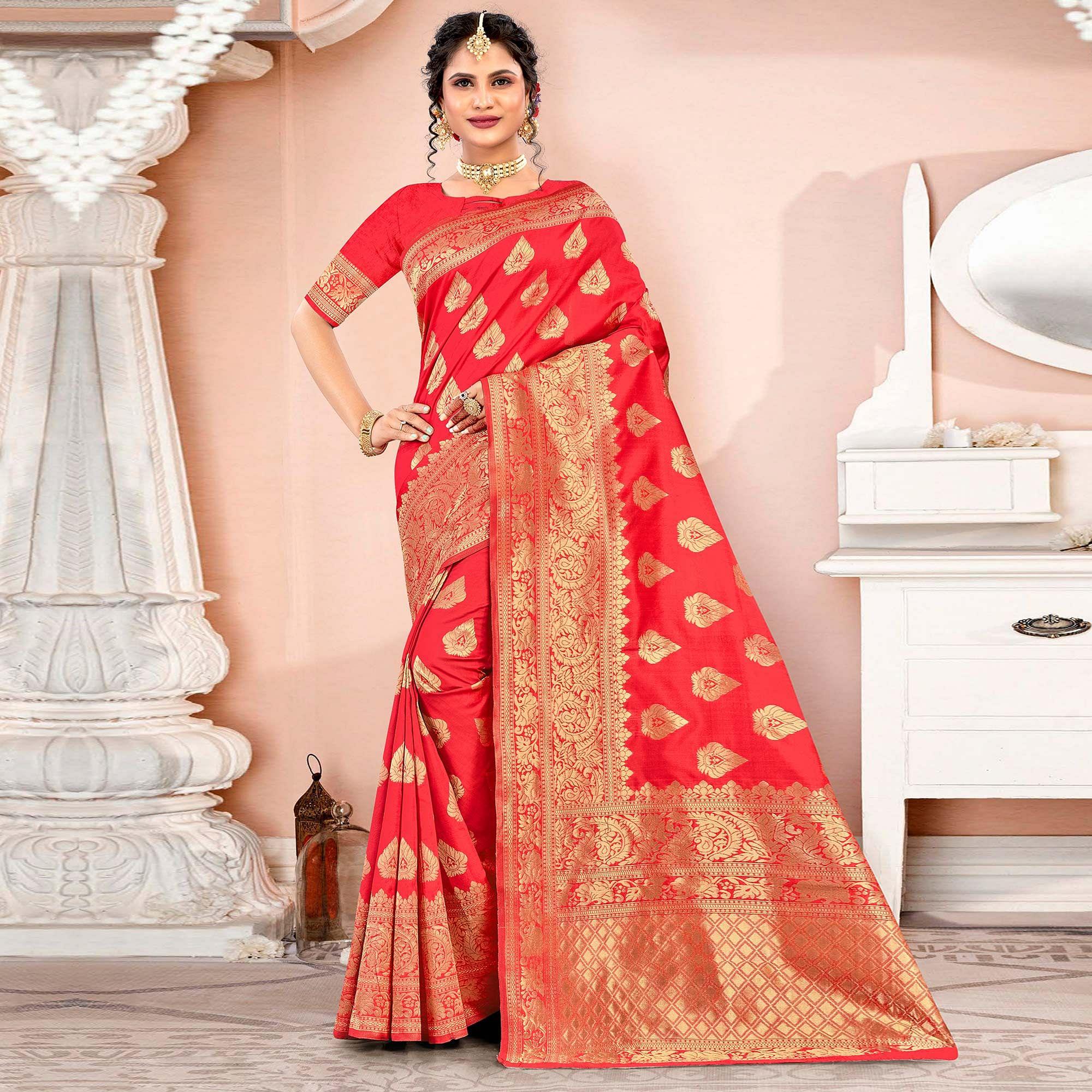 Red Festive Wear Woven Art Silk Saree - Peachmode