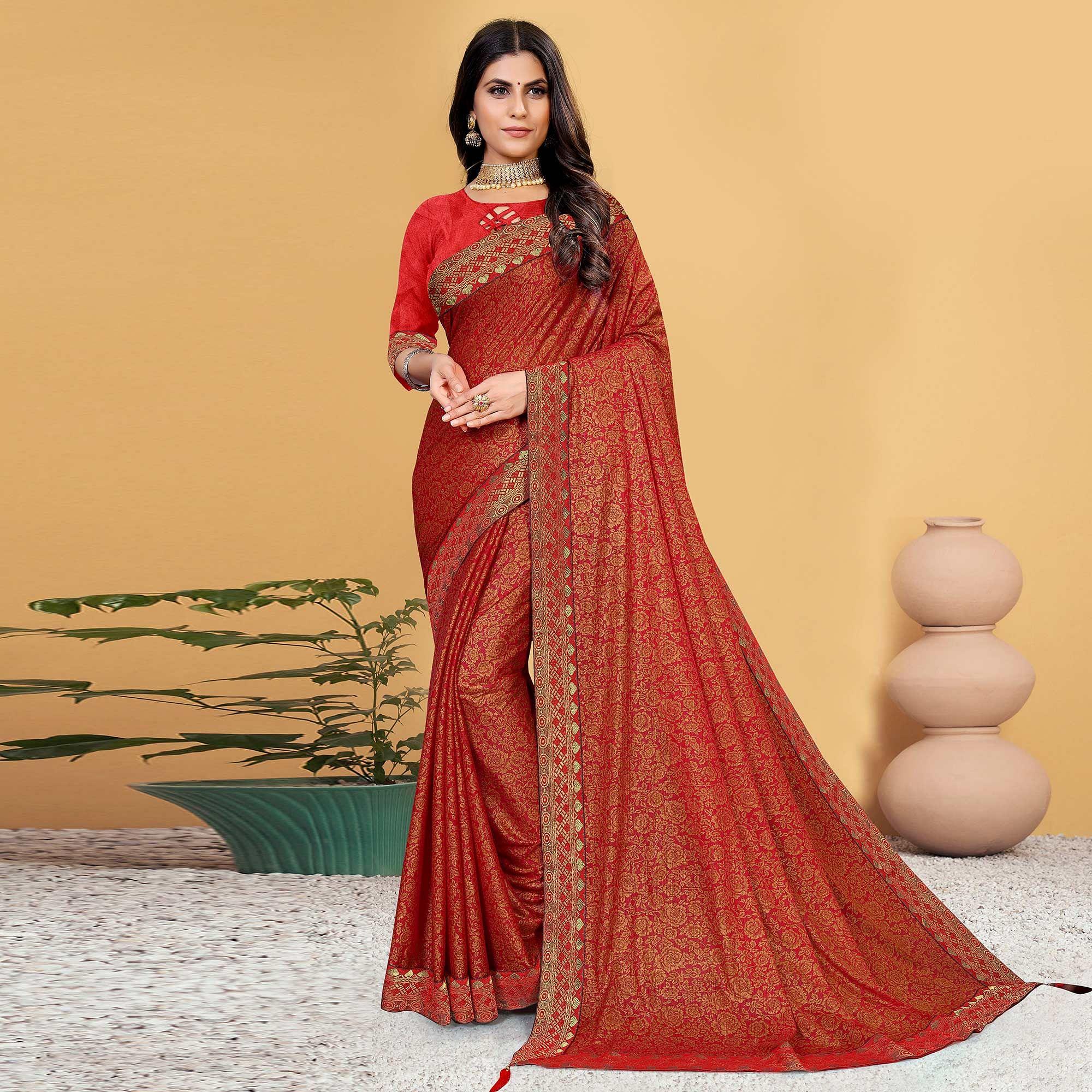 Red Festive Wear Woven Art Silk Saree - Peachmode