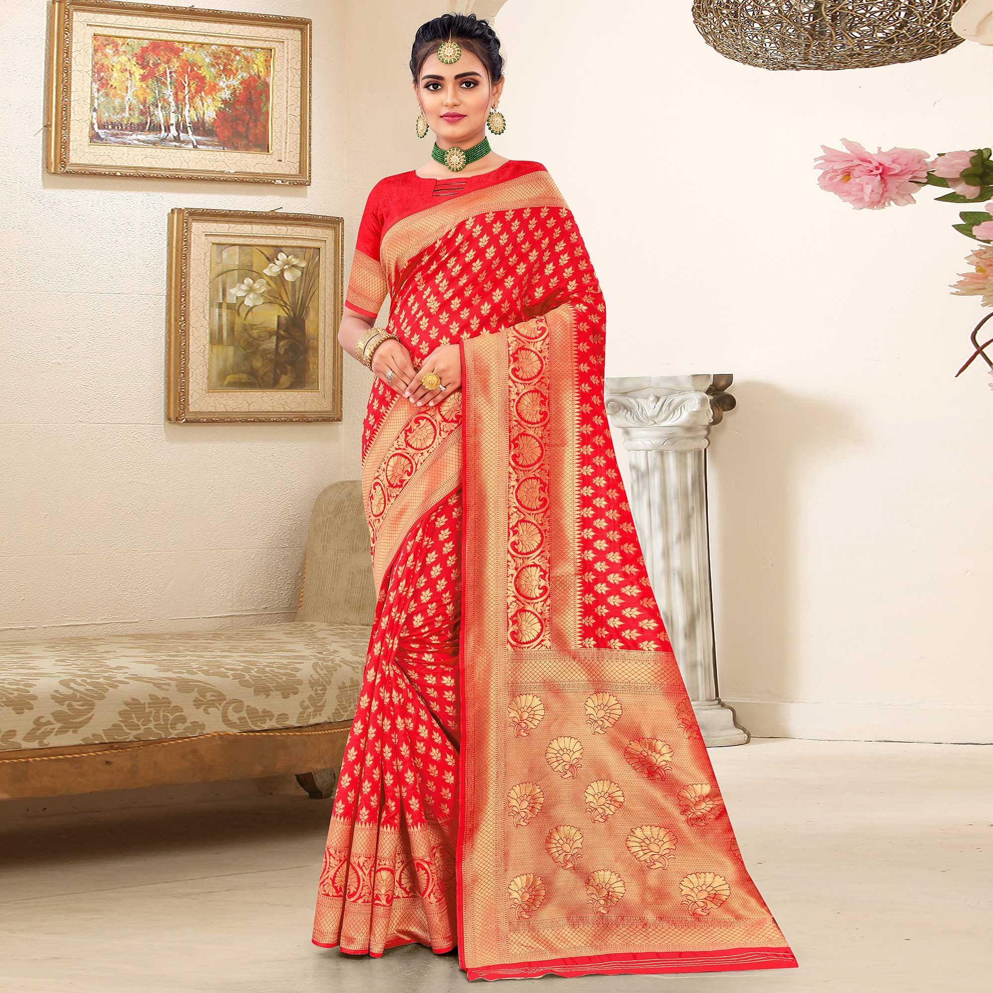 Red Festive Wear Woven Art Silk Saree - Peachmode