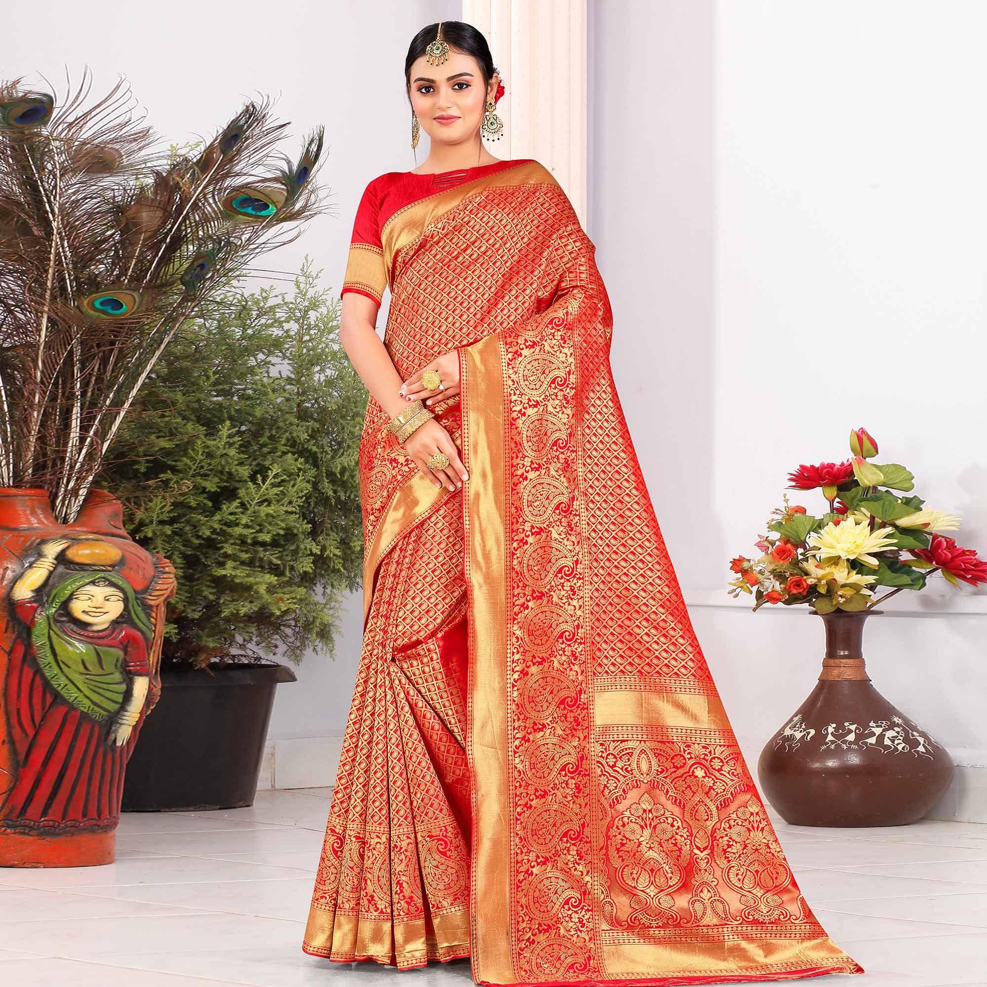 Red Festive Wear Woven Art Silk Saree - Peachmode