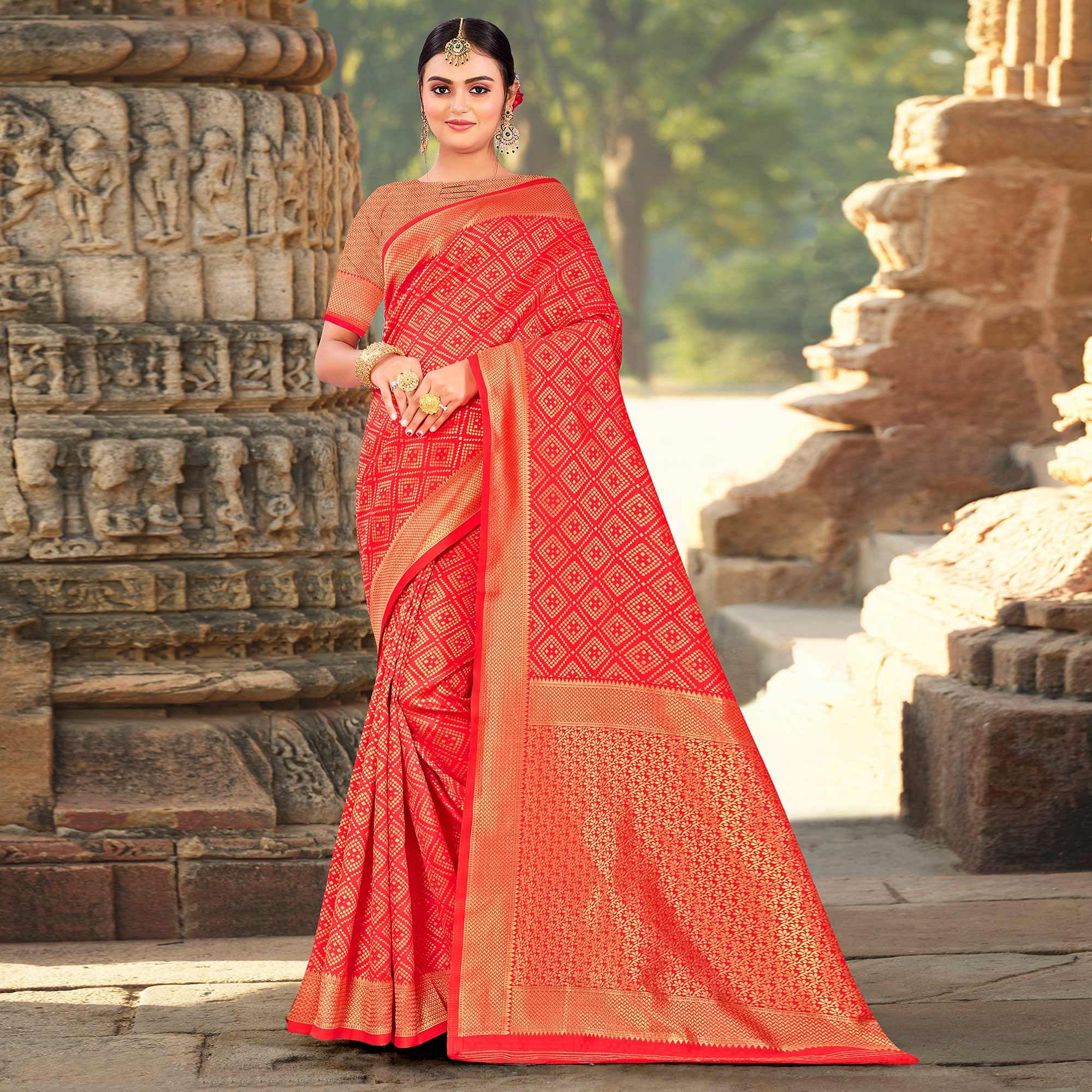 Red Festive Wear Woven Art Silk Saree - Peachmode