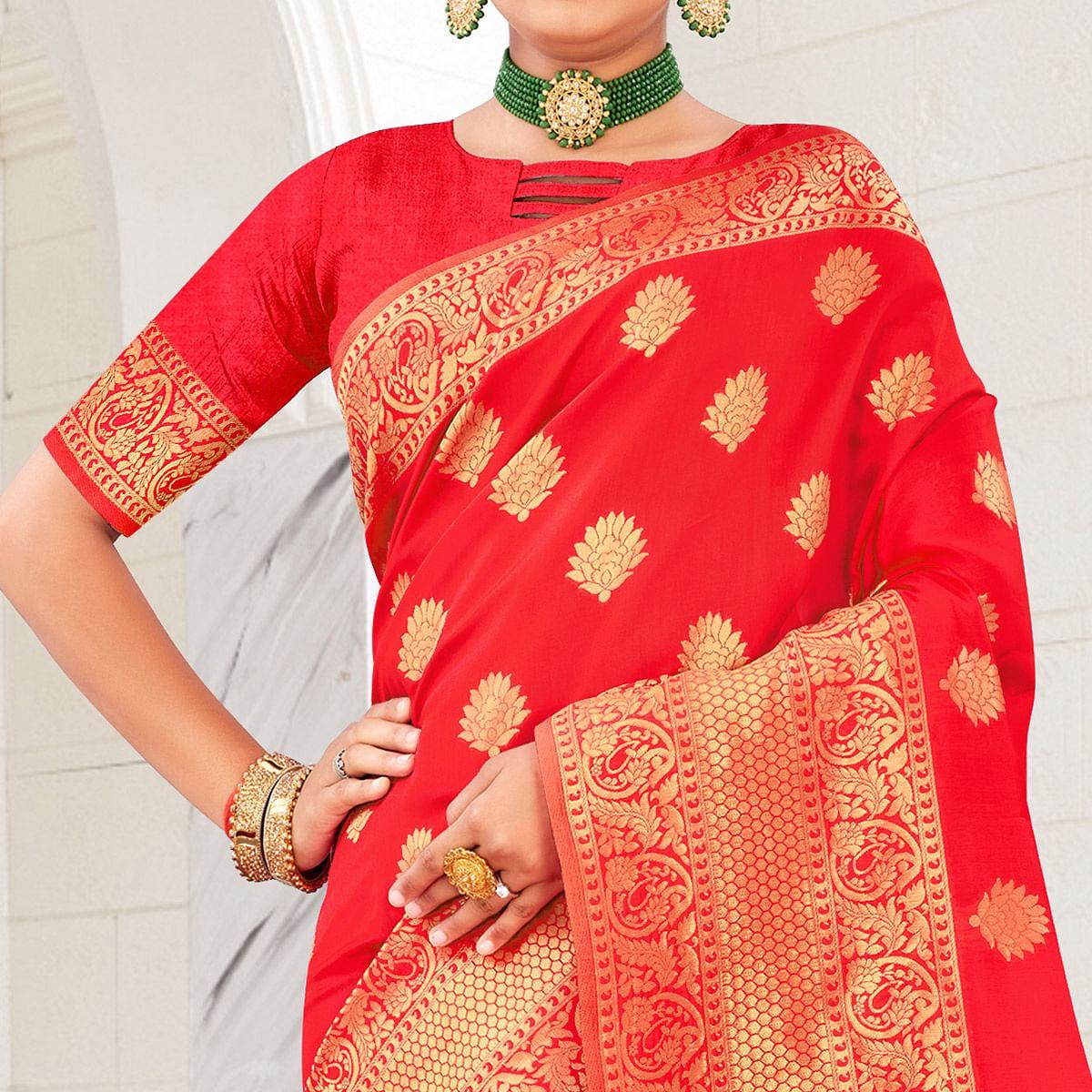 Red Festive Wear Woven Art Silk Saree - Peachmode
