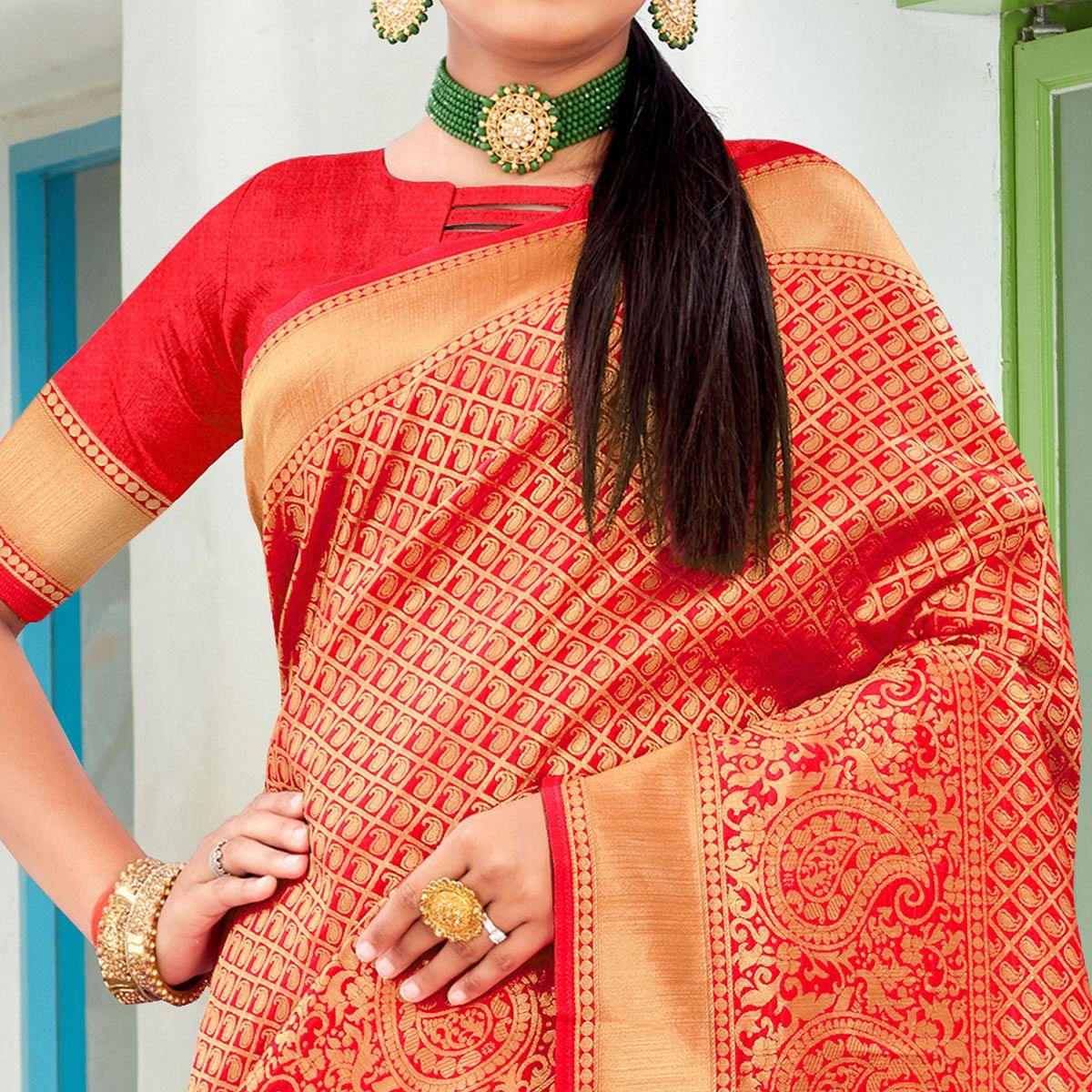 Red Festive Wear Woven Art Silk Saree - Peachmode