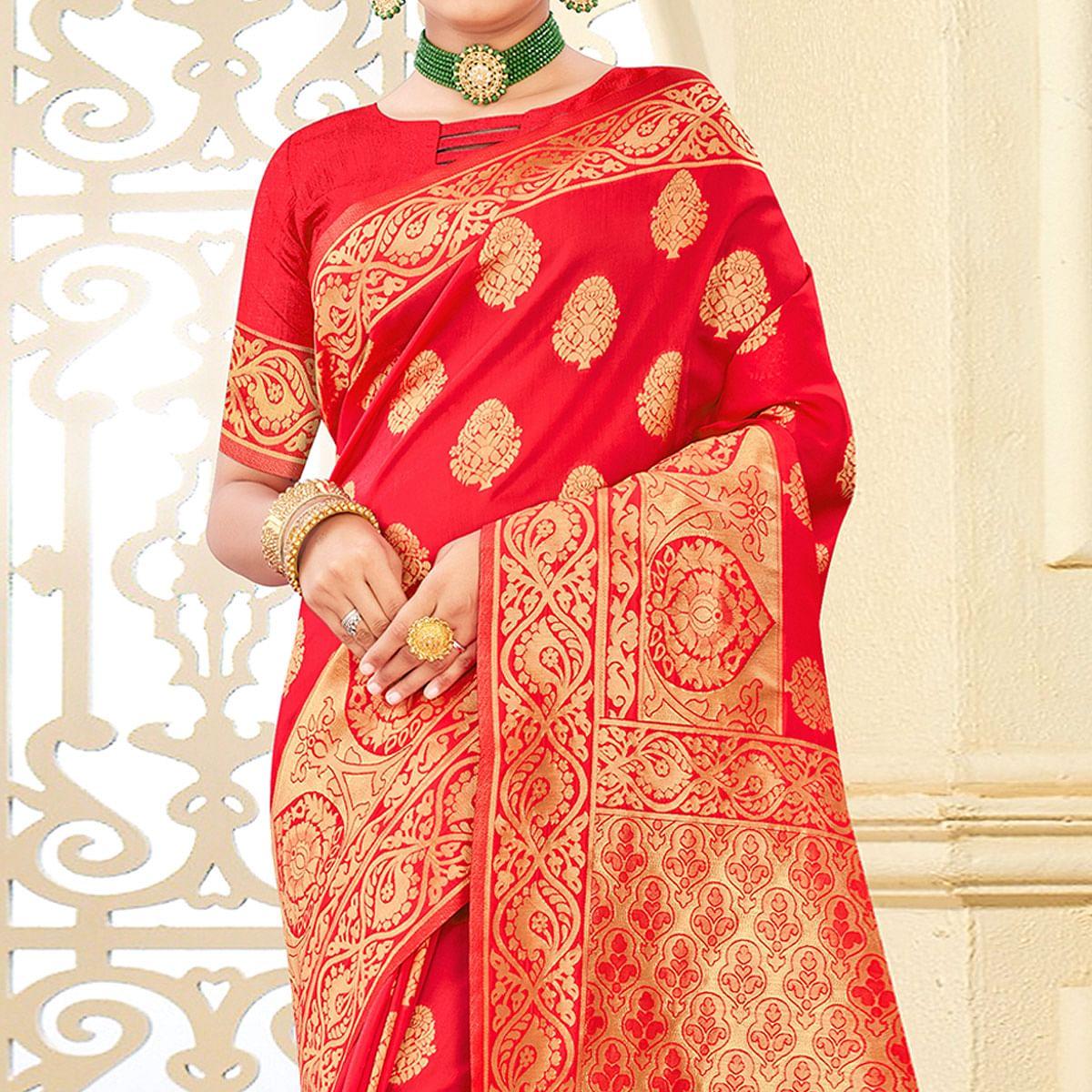 Red Festive Wear Woven Art Silk Saree - Peachmode