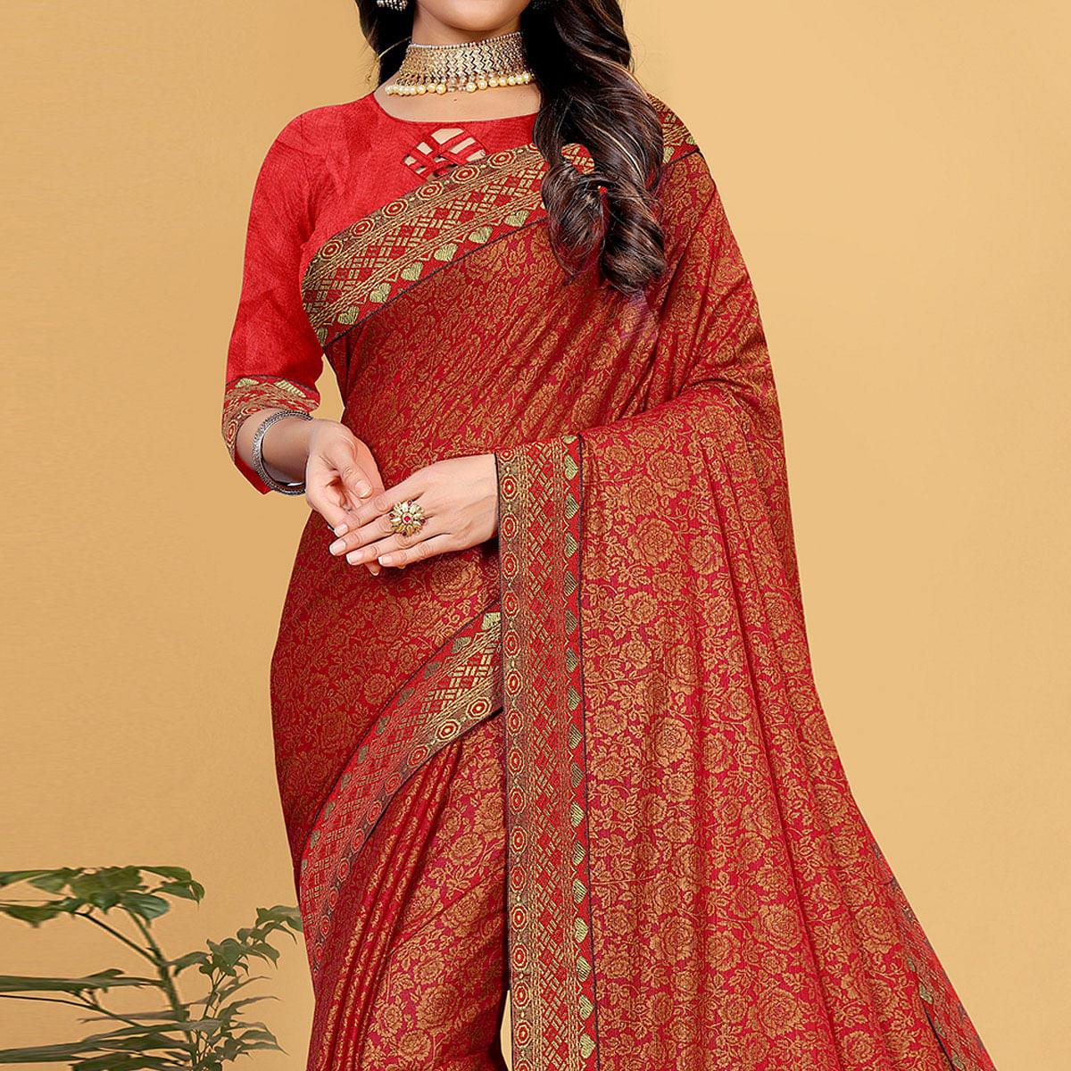 Red Festive Wear Woven Art Silk Saree - Peachmode