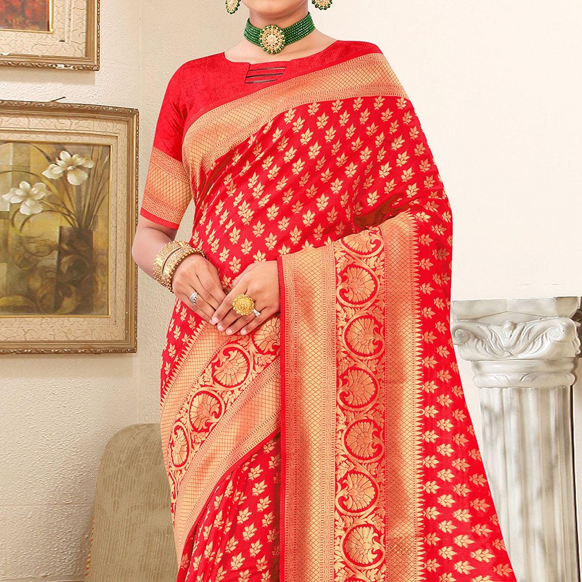 Red Festive Wear Woven Art Silk Saree - Peachmode