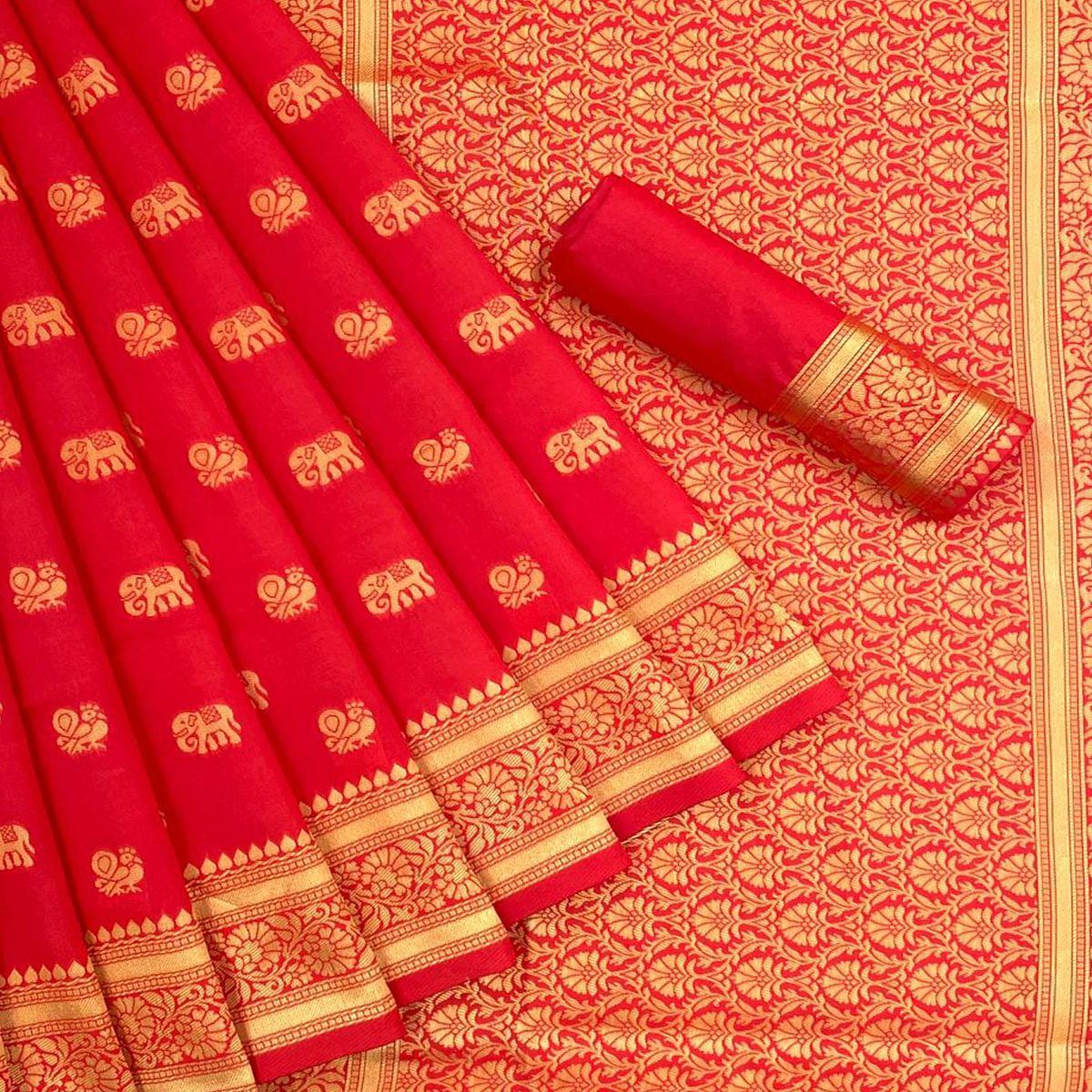 Red Festive Wear Woven Art Silk Saree - Peachmode
