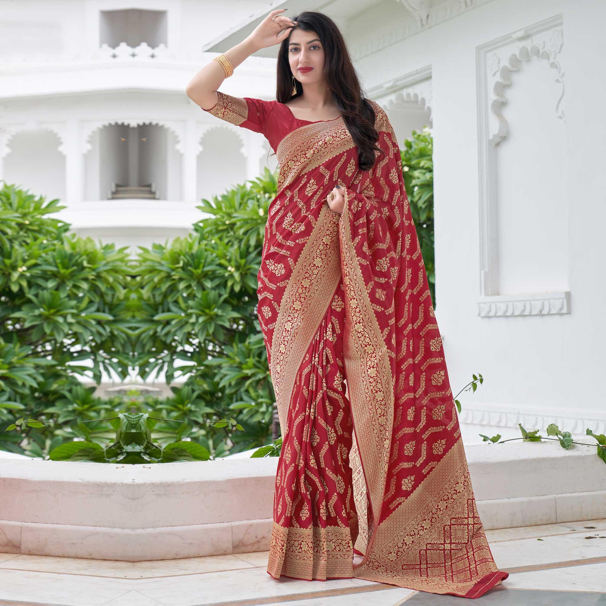 Red Festive Wear Woven Banarasi Art Silk Saree - Peachmode