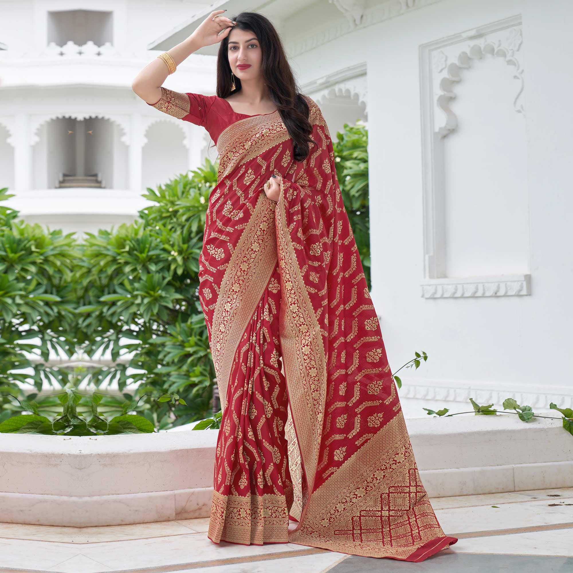 Red Festive Wear Woven Banarasi Art Silk Saree - Peachmode