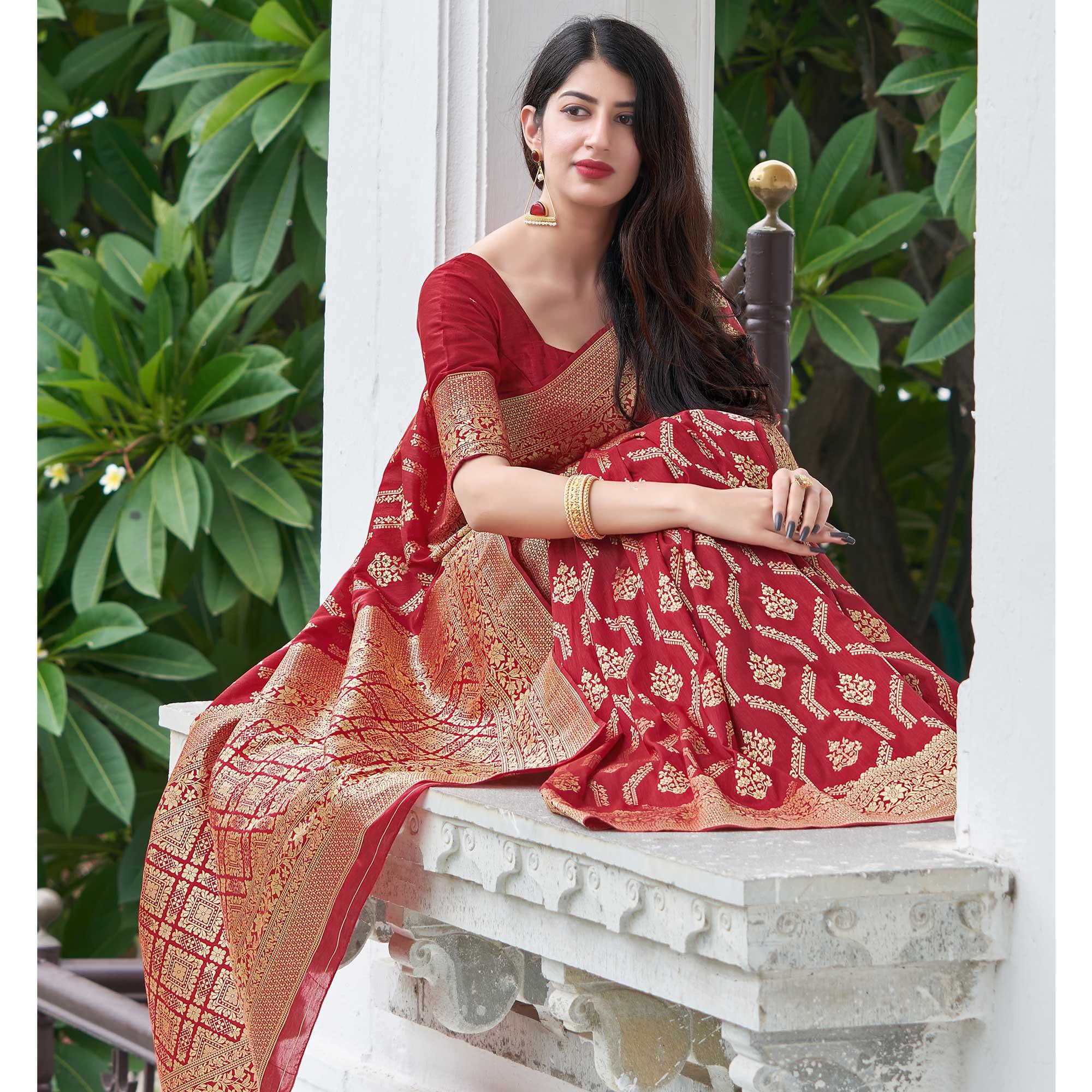 Red Festive Wear Woven Banarasi Art Silk Saree - Peachmode