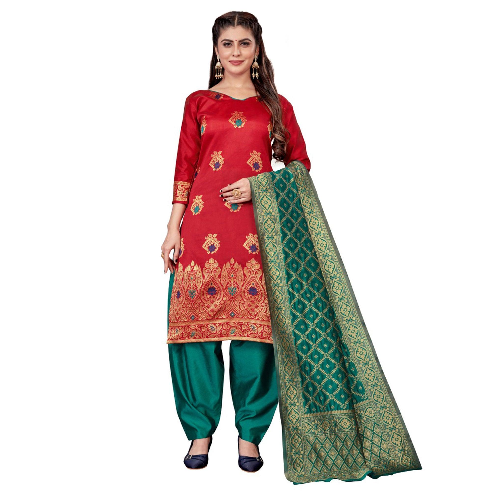 Red Festive Wear Woven Banarasi Silk Dress Material - Peachmode