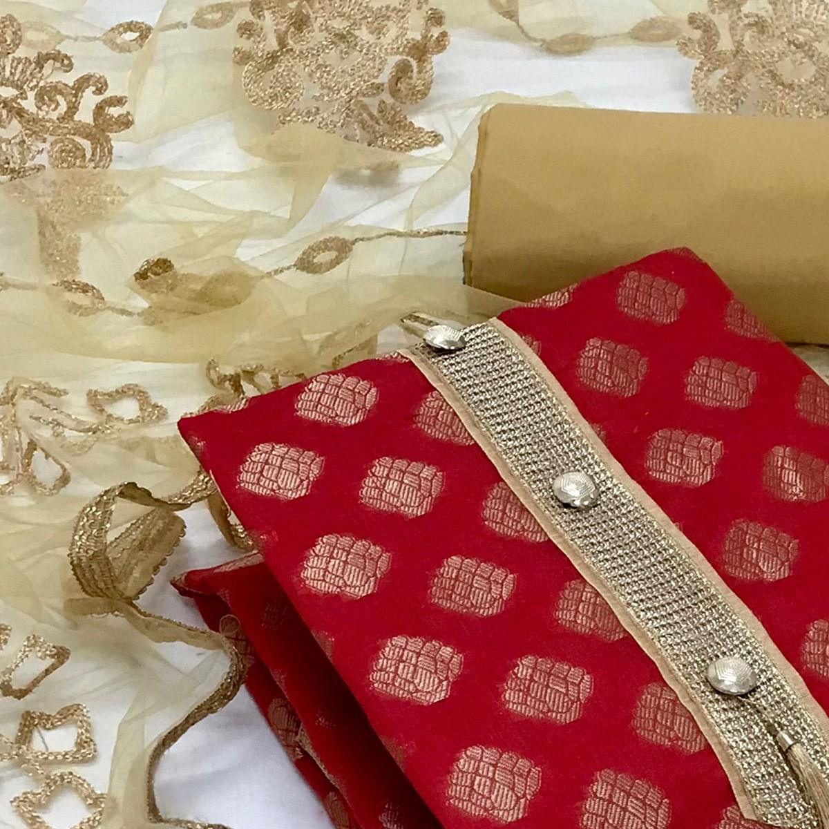 Red Festive Wear Woven Banarasi Silk Dress Material - Peachmode