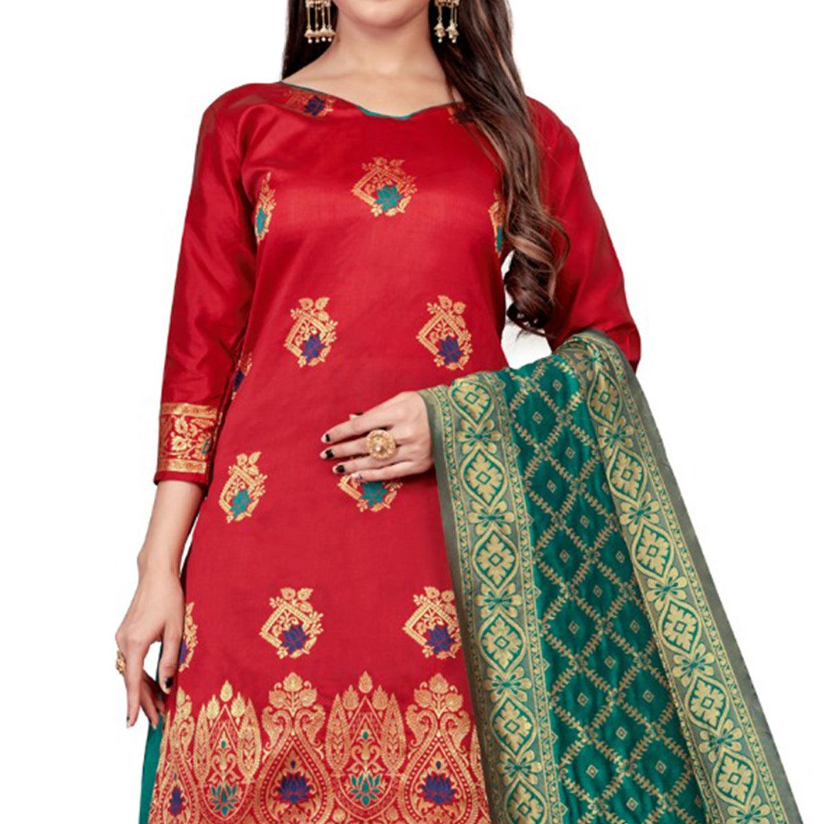 Red Festive Wear Woven Banarasi Silk Dress Material - Peachmode