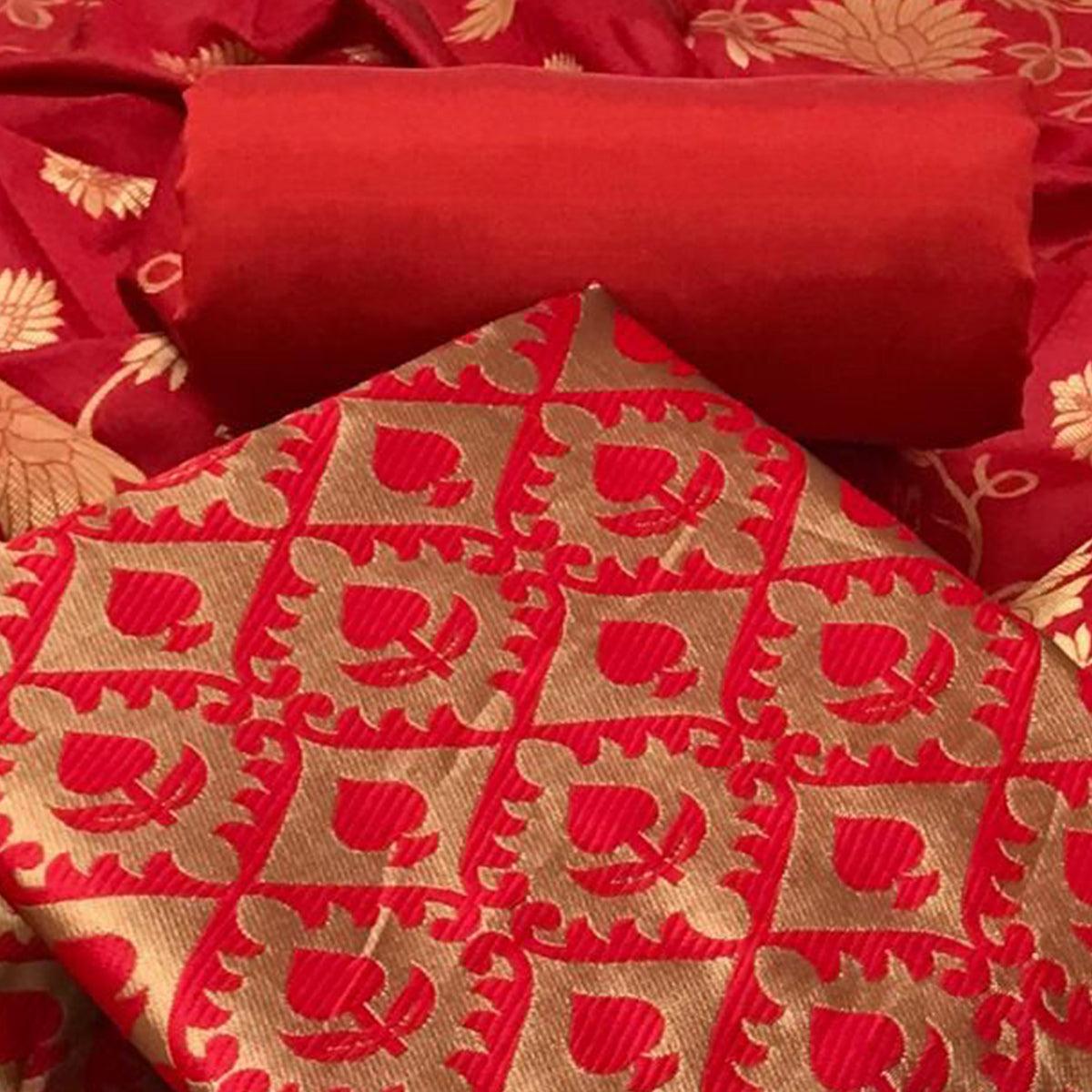 Red Festive Wear Woven Banarasi Silk Dress Material - Peachmode