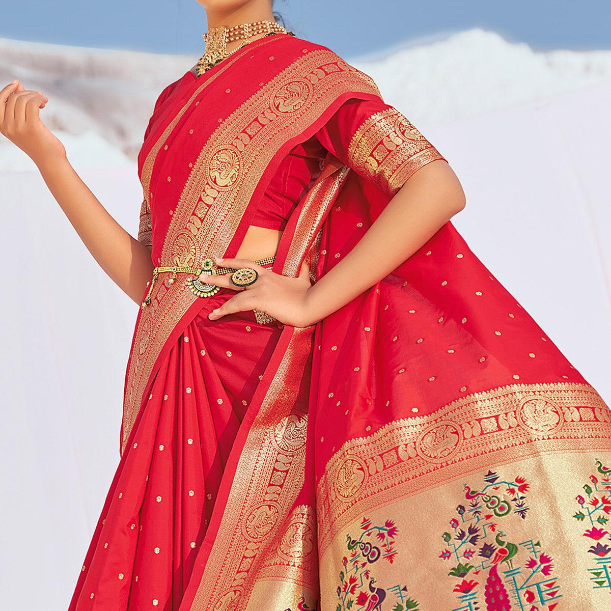 Red Festive Wear Woven Banarasi Silk Paithani Saree - Peachmode