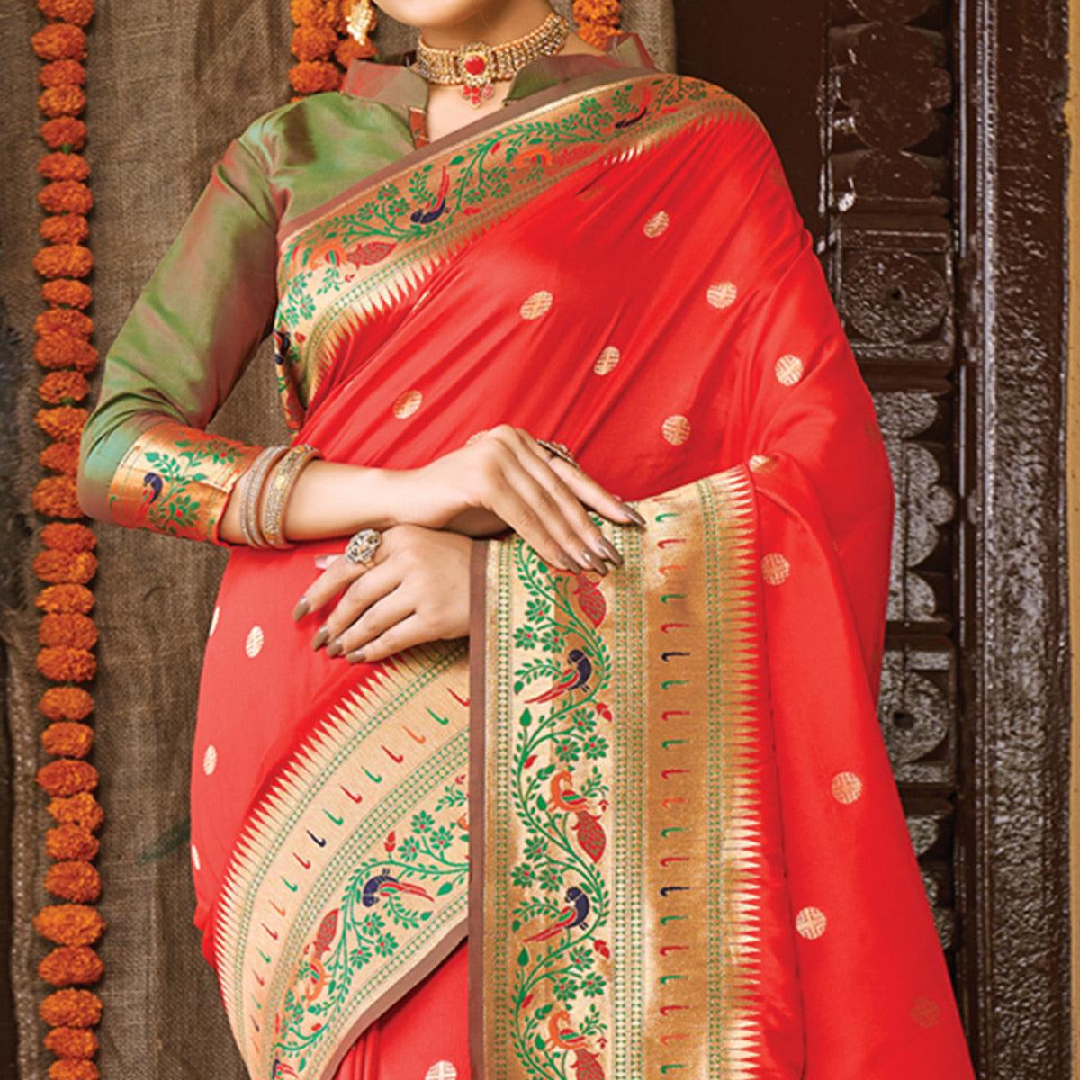 Red Festive Wear Woven Banarasi Silk Paithani Saree With Tassels - Peachmode