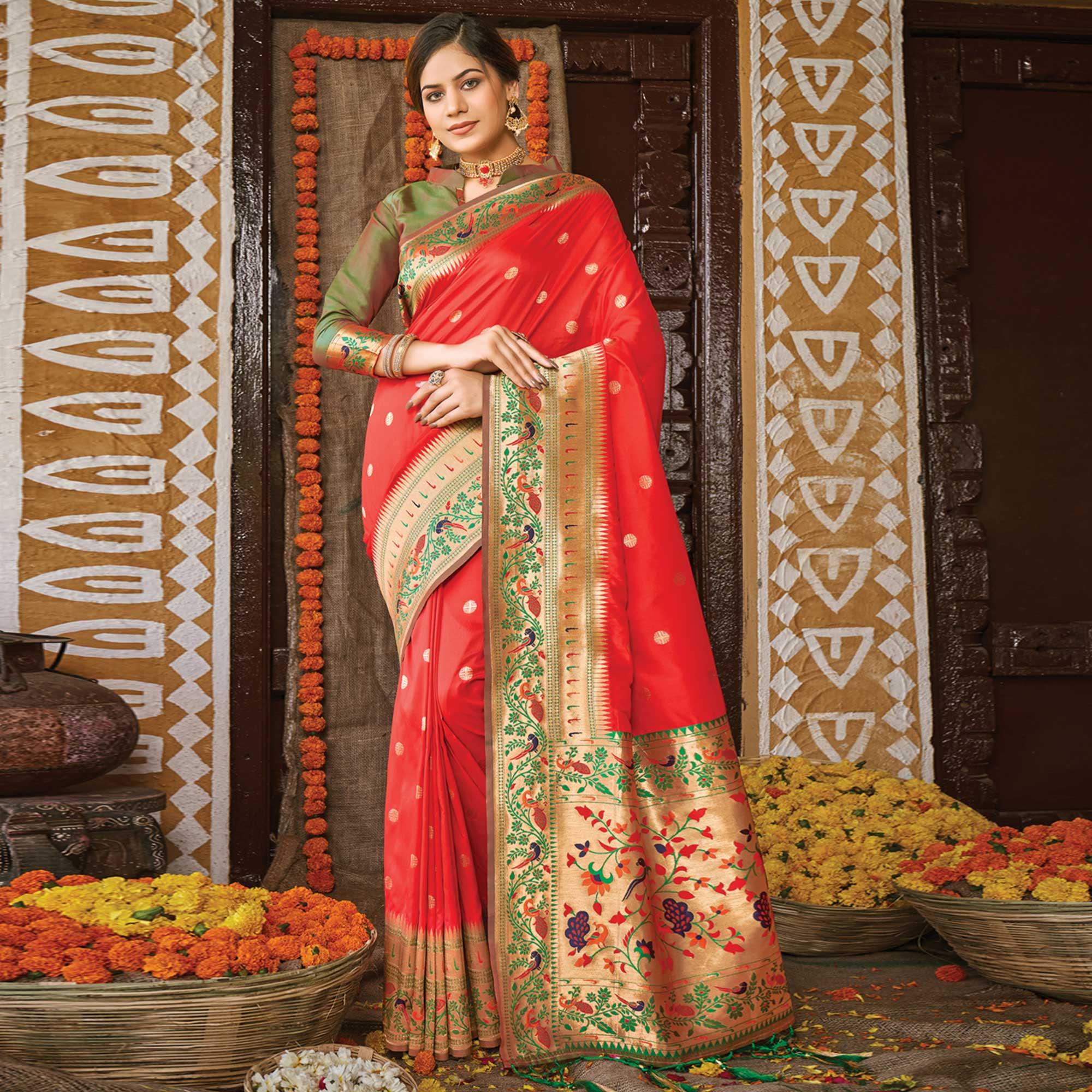 Red Festive Wear Woven Banarasi Silk Paithani Saree With Tassels - Peachmode