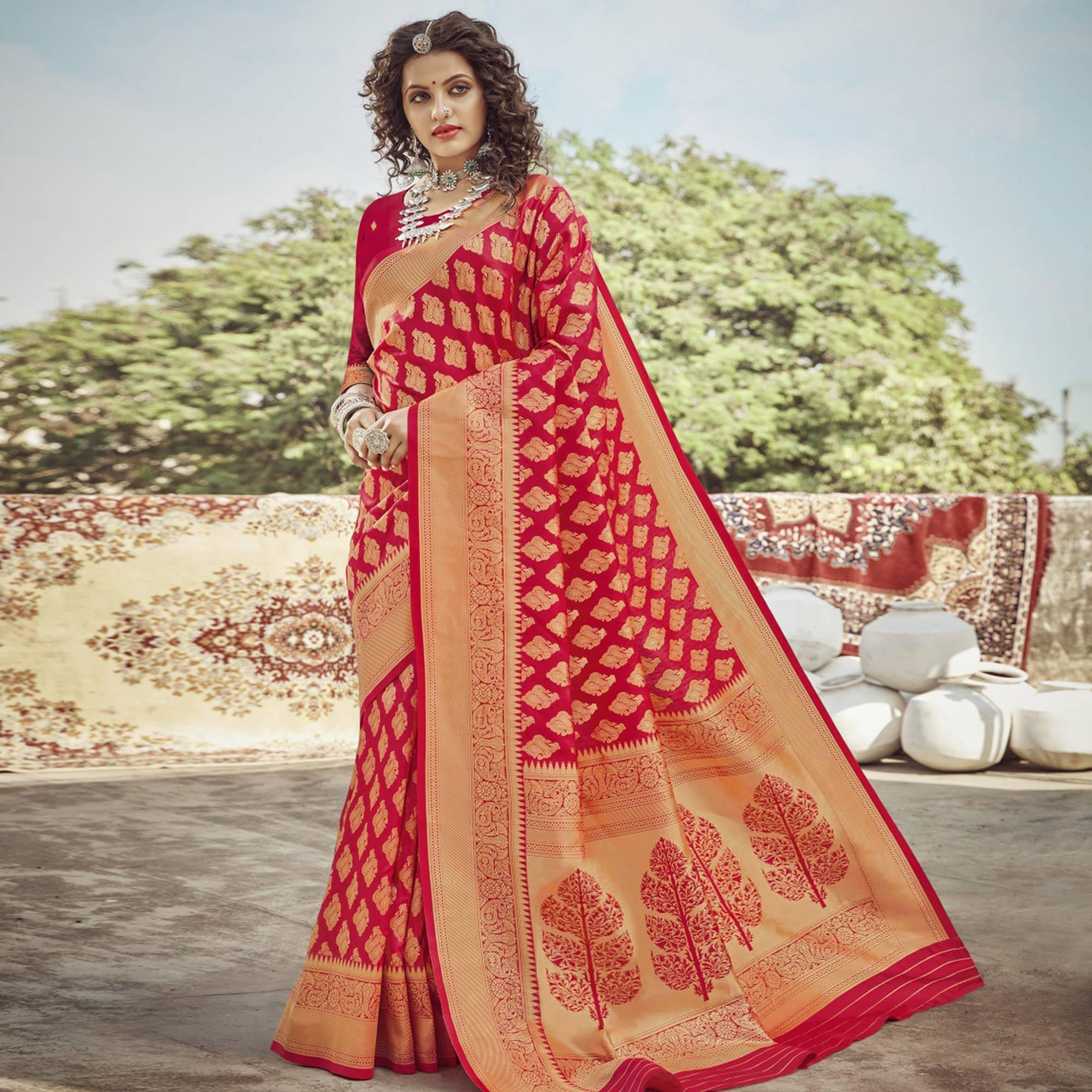 Red Festive Wear Woven Banarasi Silk Saree - Peachmode