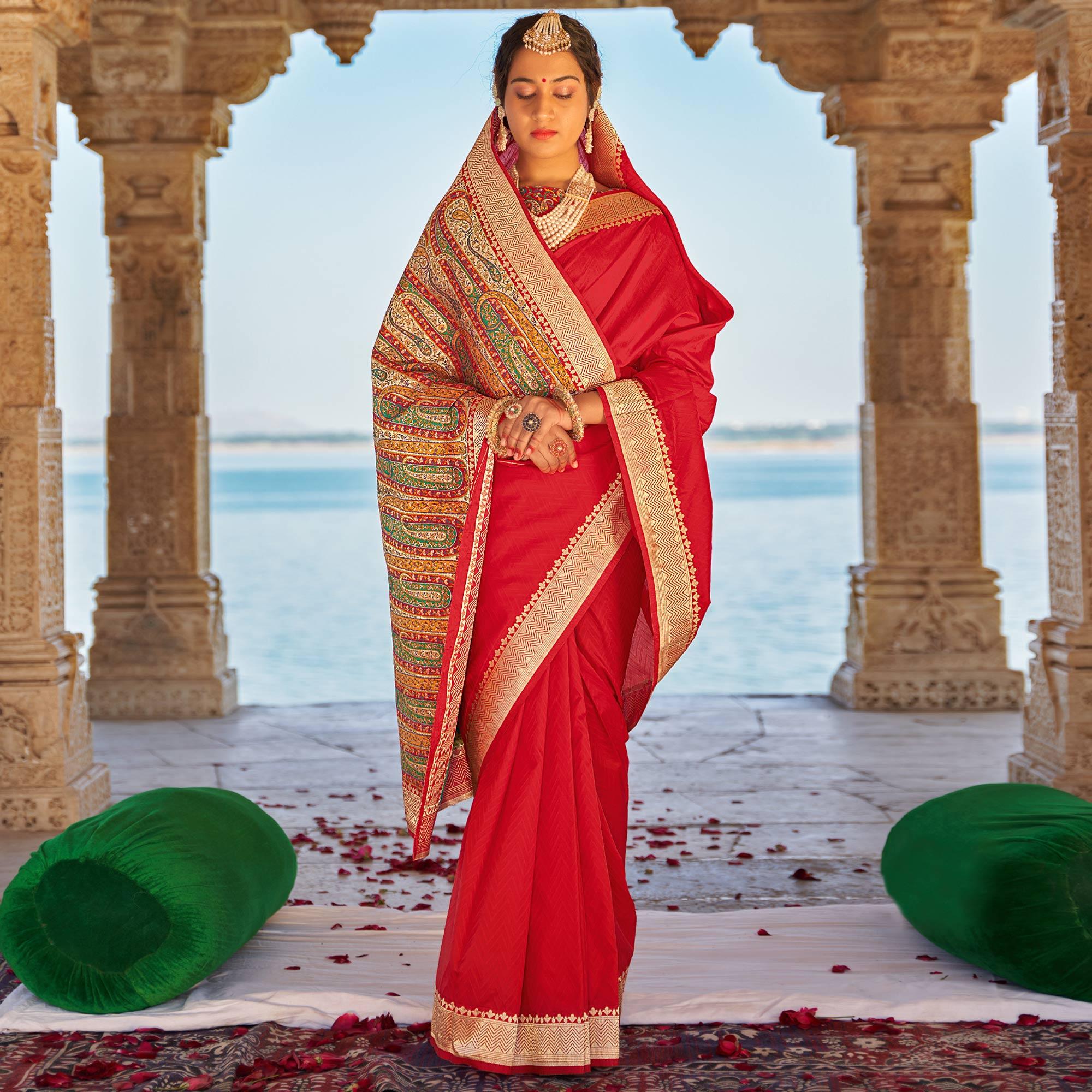 Red Festive Wear Woven Banarasi Silk Saree - Peachmode