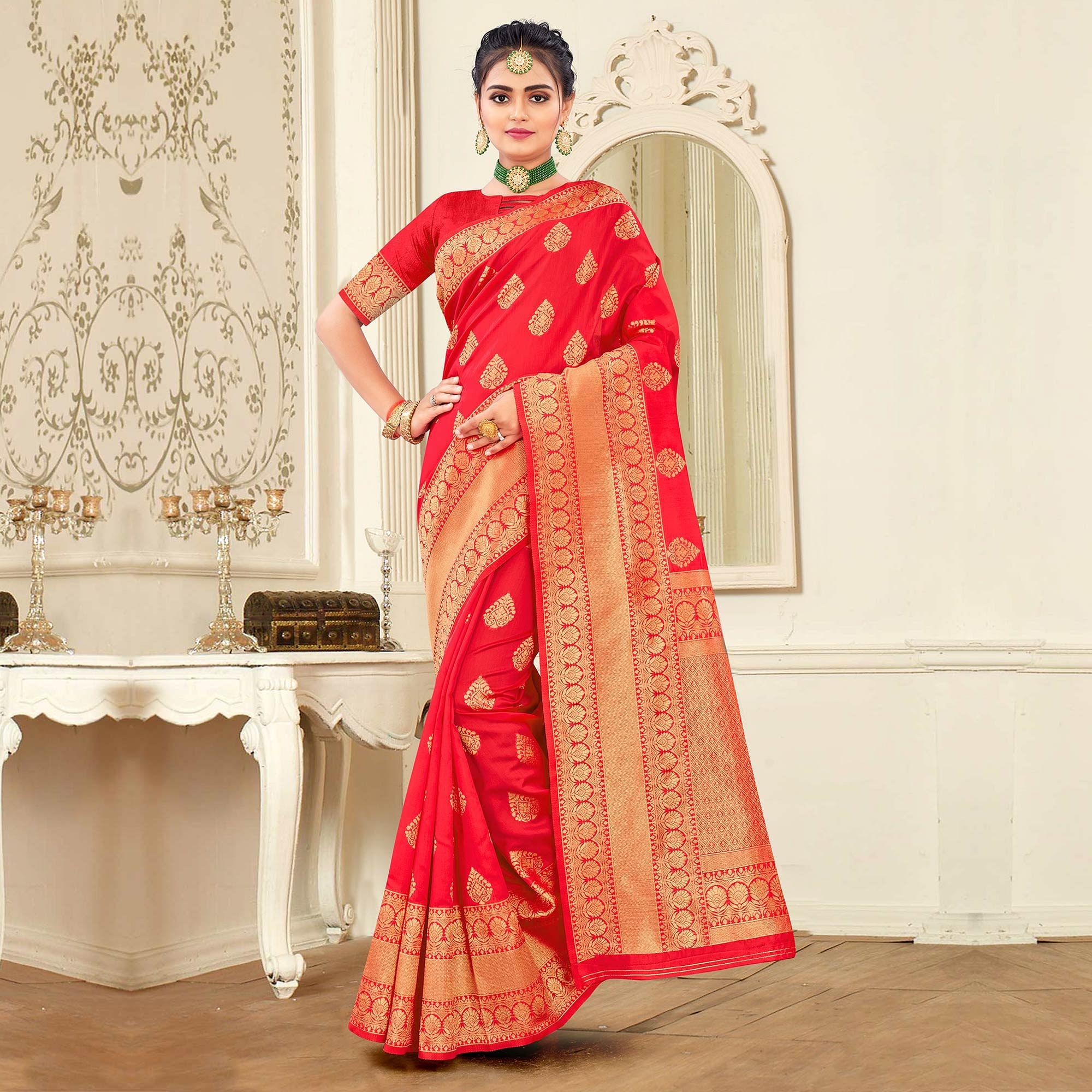 Red Festive Wear Woven Banarasi Silk Saree - Peachmode
